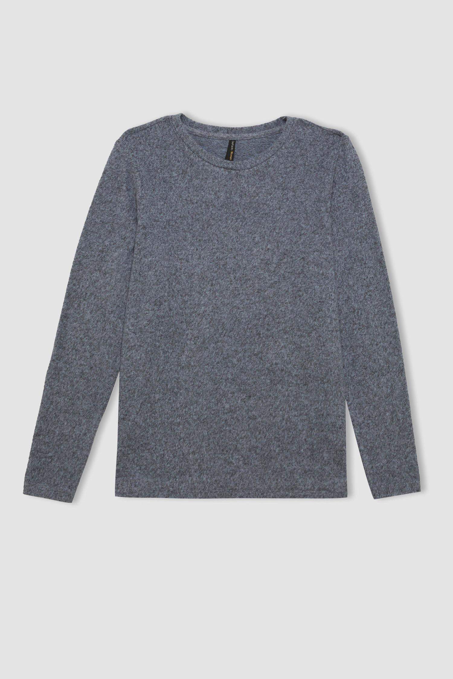 Regular Fit Bisiklet Yaka Casual Basic Düz Uzun Kollu Tişört