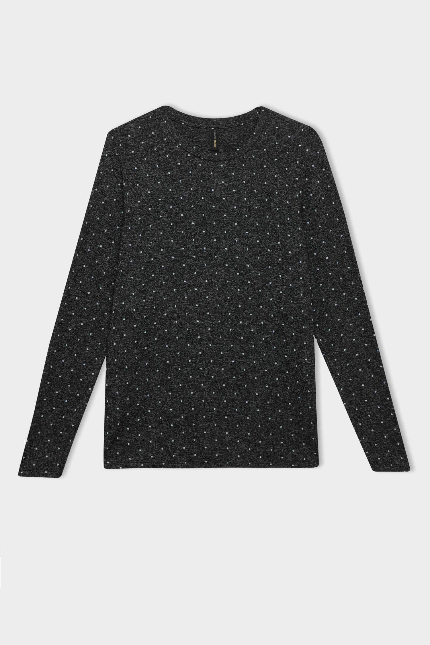 Gri Regular Fit Bisiklet Yaka Puantiyeli Uzun Kollu Tişört