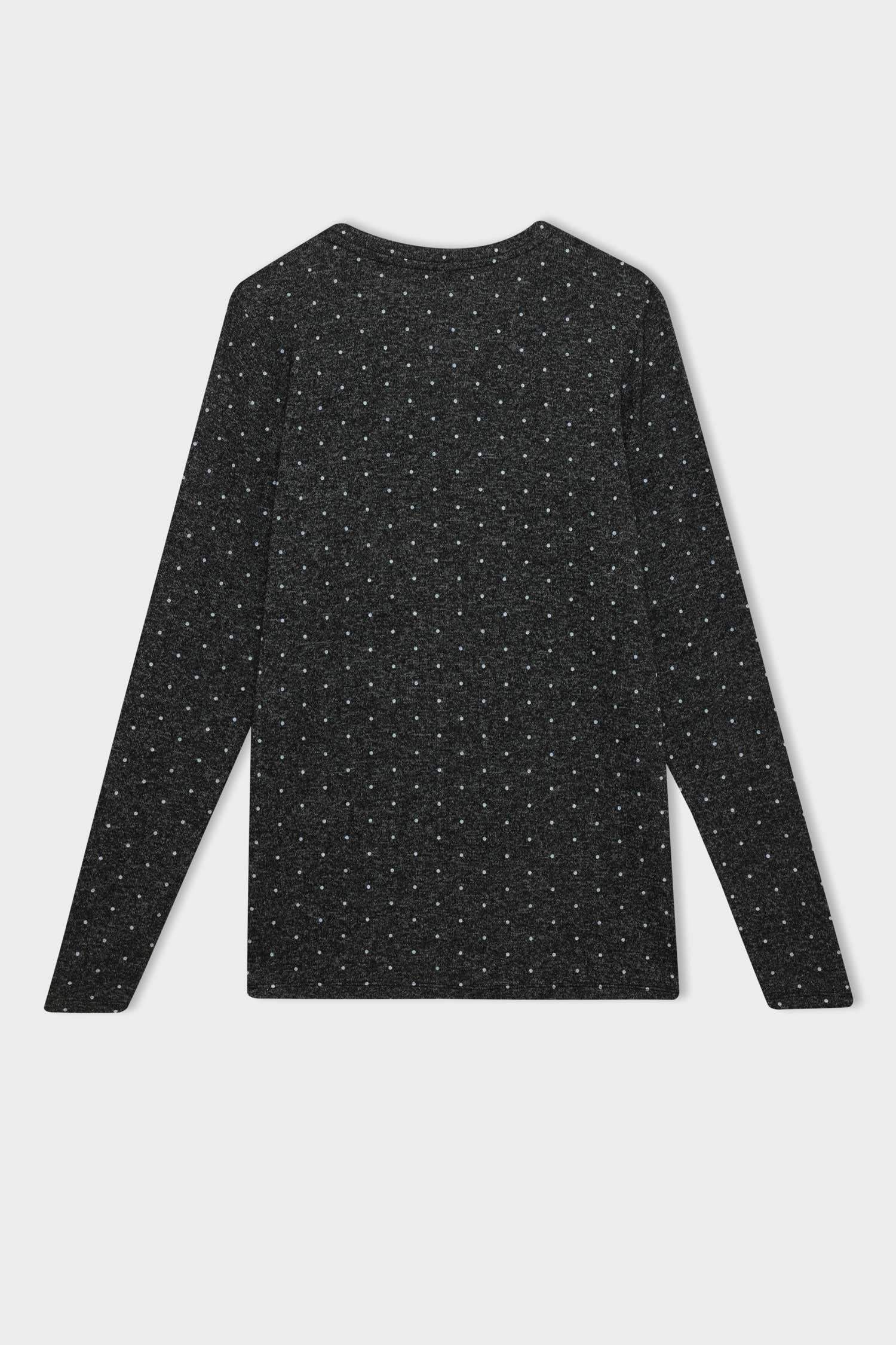 Gri Regular Fit Bisiklet Yaka Puantiyeli Uzun Kollu Tişört