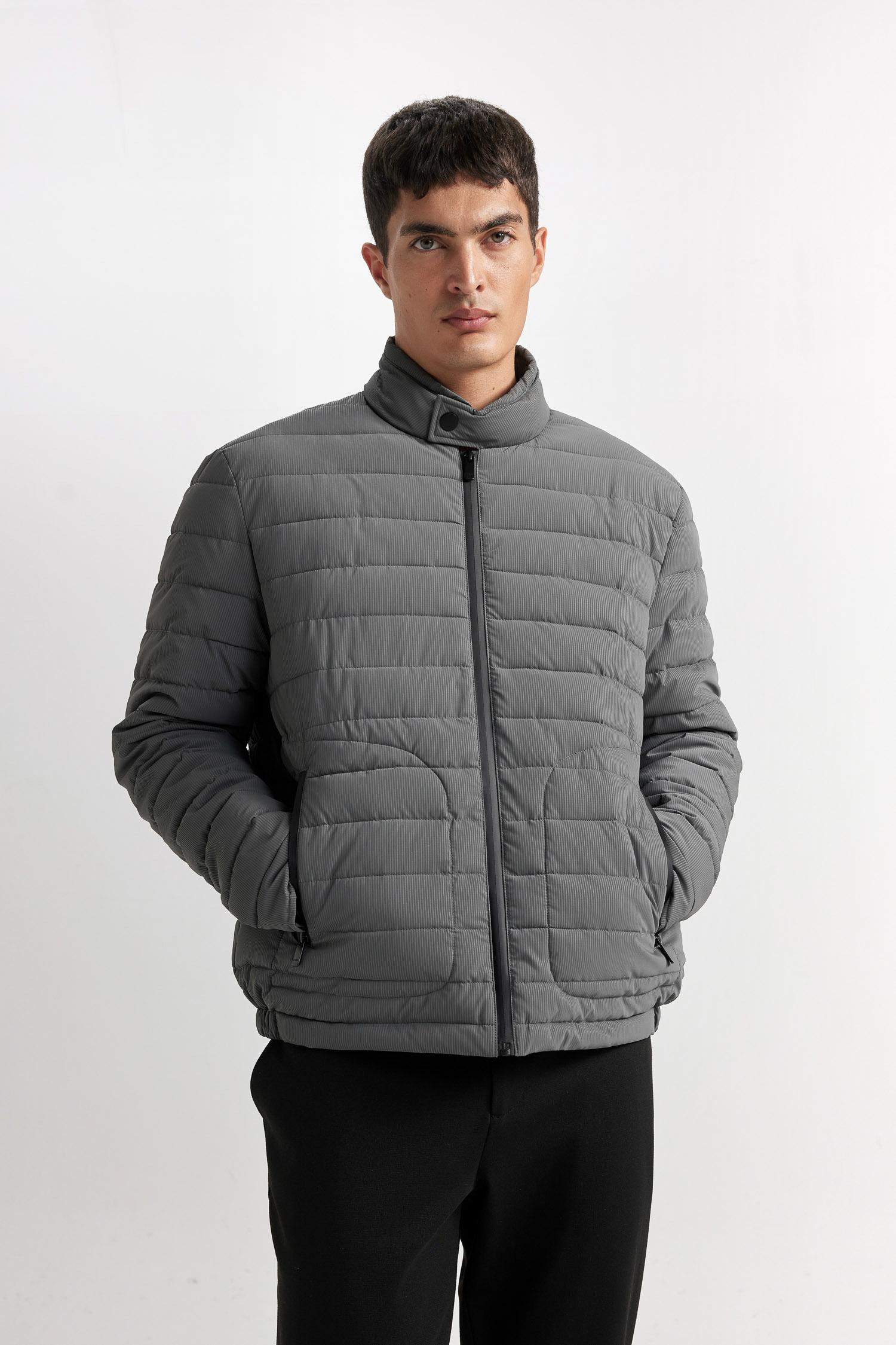 Slim Fit Dar Kesim Dik Yaka Astarlı Fermuarlı Cepli Kışlık Mont