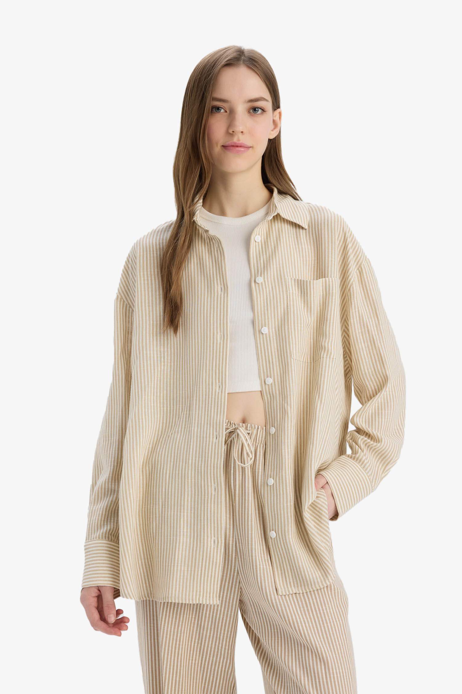 Chemise rayée oversize en lin mélangé à manches longues