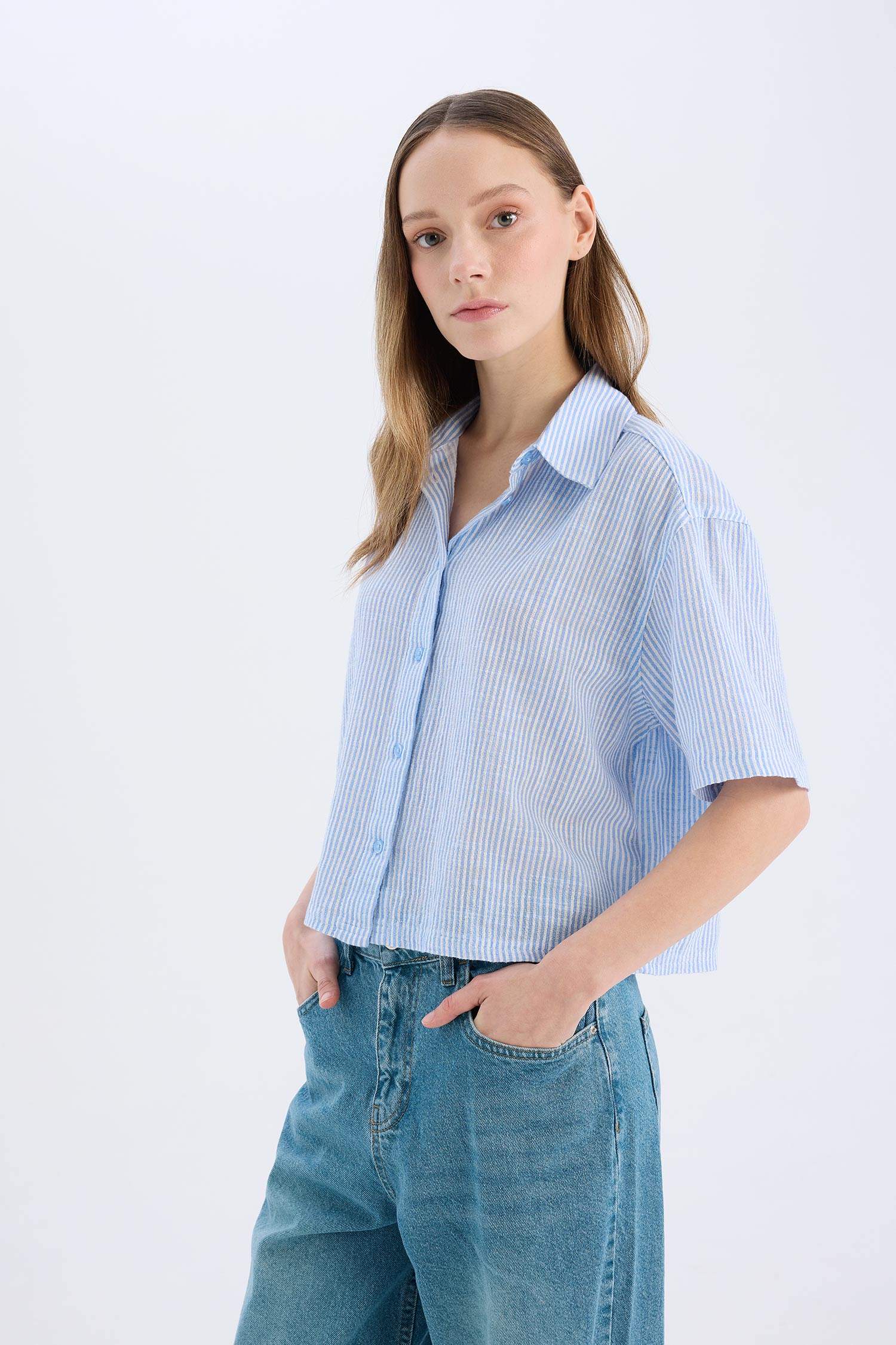 Chemise oversize à manches courtes en tissu aspect lin - Coool