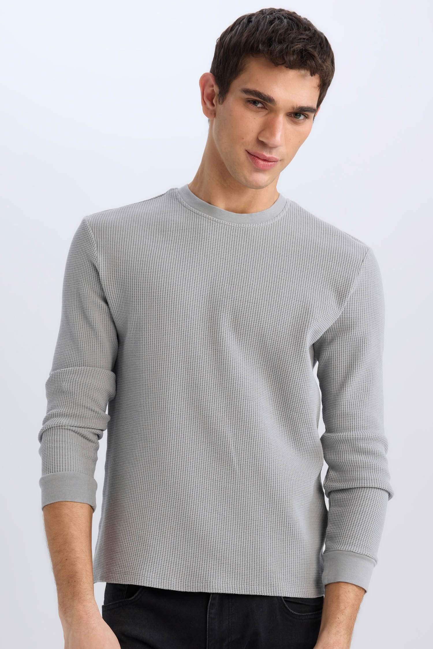 Regular Fit Crew Neck Long Sleeve Waffle T-Shirt