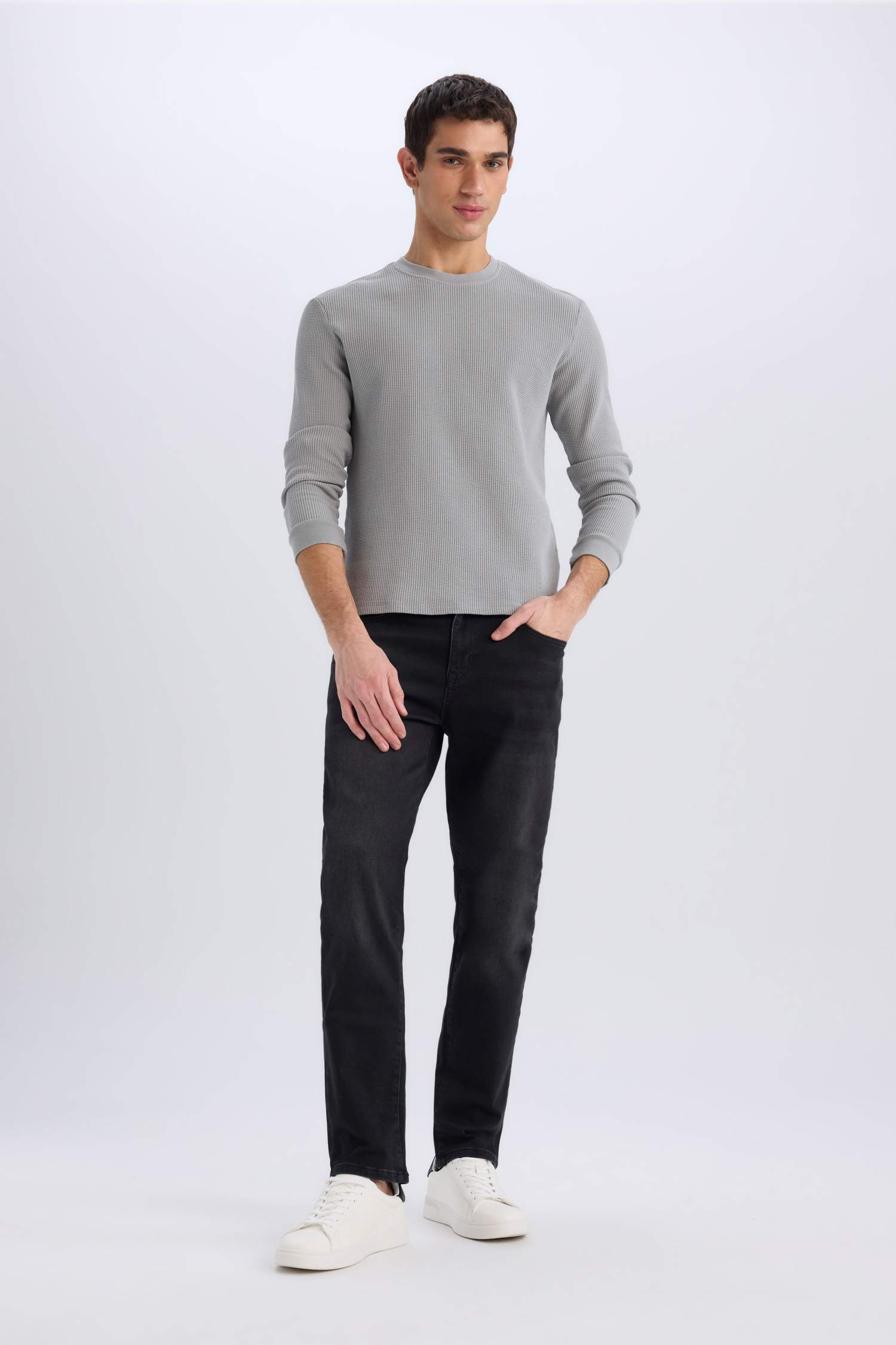 Regular Fit Crew Neck Long Sleeve Waffle T-Shirt