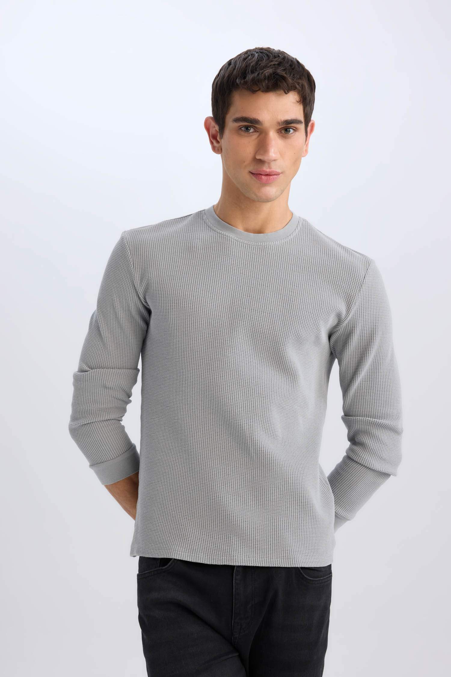 Regular Fit Crew Neck Long Sleeve Waffle T-Shirt