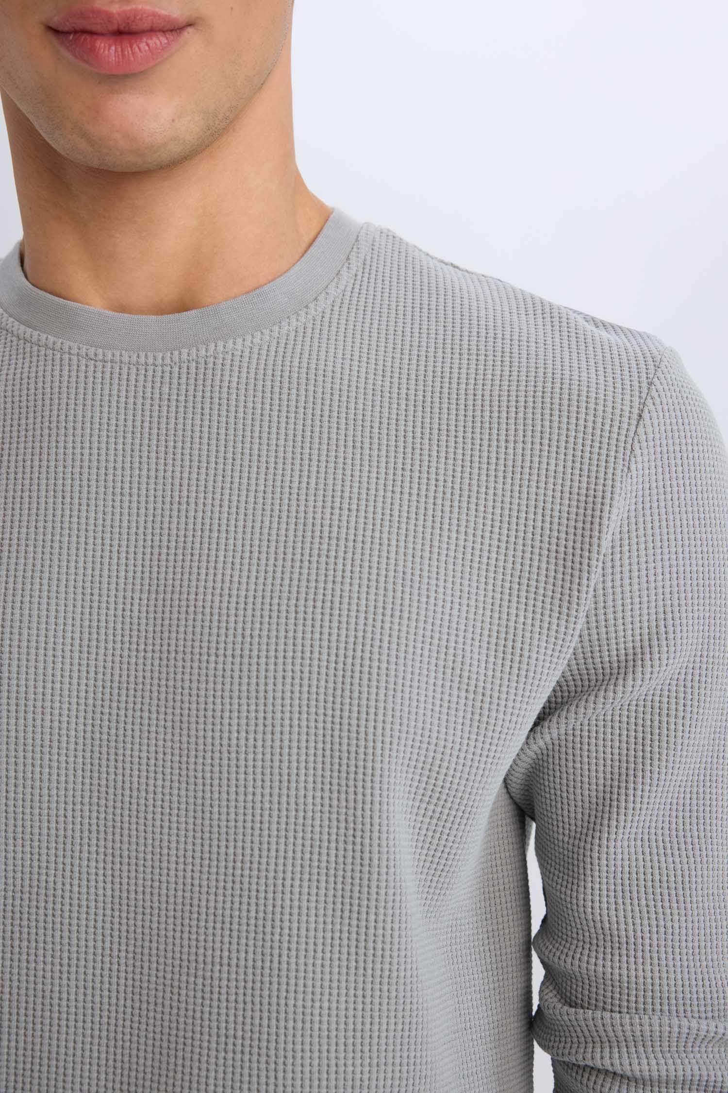 Regular Fit Crew Neck Long Sleeve Waffle T-Shirt