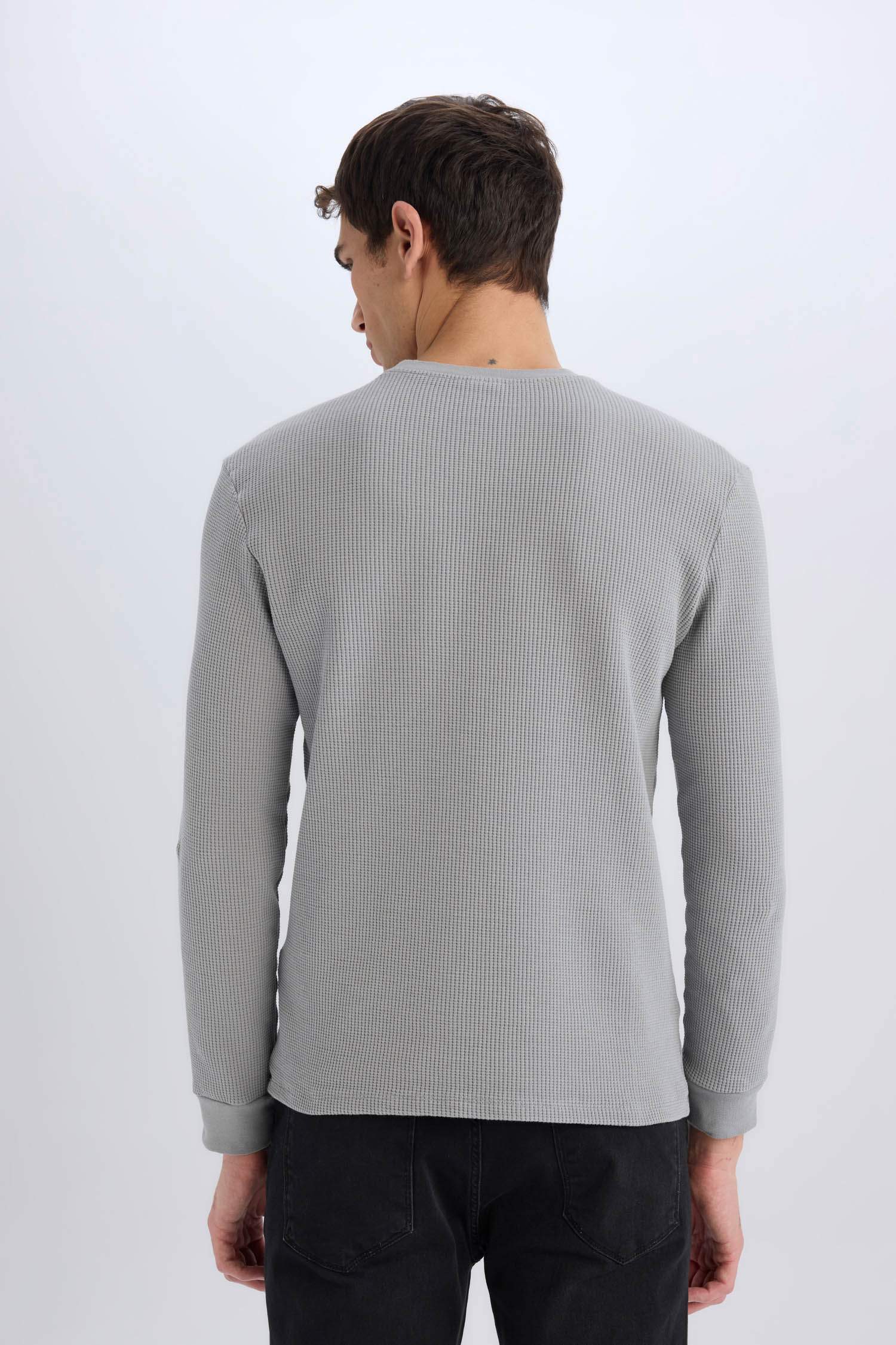Regular Fit Crew Neck Long Sleeve Waffle T-Shirt