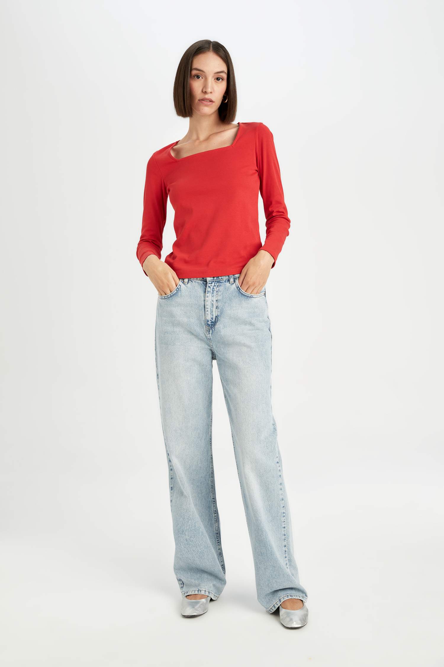 Regular Fit Kare Yaka Basic Düz Fitilli Kaşkorse Uzun Kollu Kırmızı Tişört