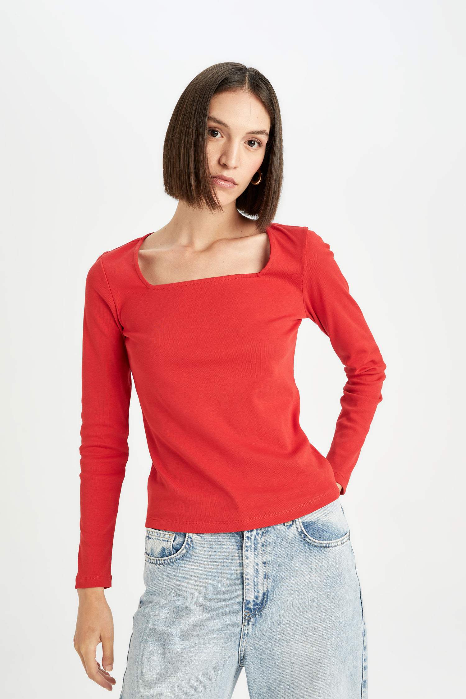 Regular Fit Kare Yaka Basic Düz Fitilli Kaşkorse Uzun Kollu Kırmızı Tişört