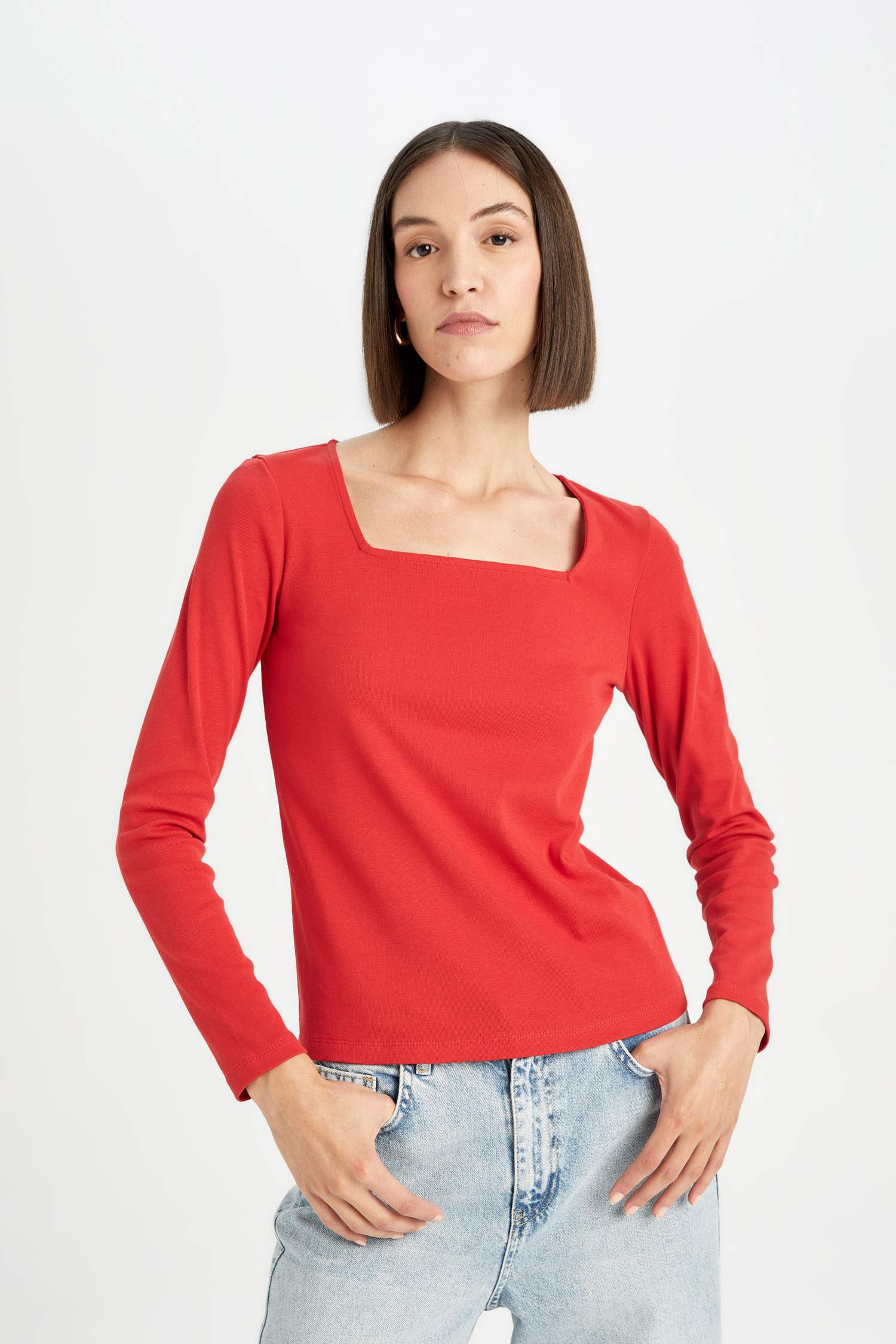 Regular Fit Kare Yaka Basic Düz Fitilli Kaşkorse Uzun Kollu Kırmızı Tişört