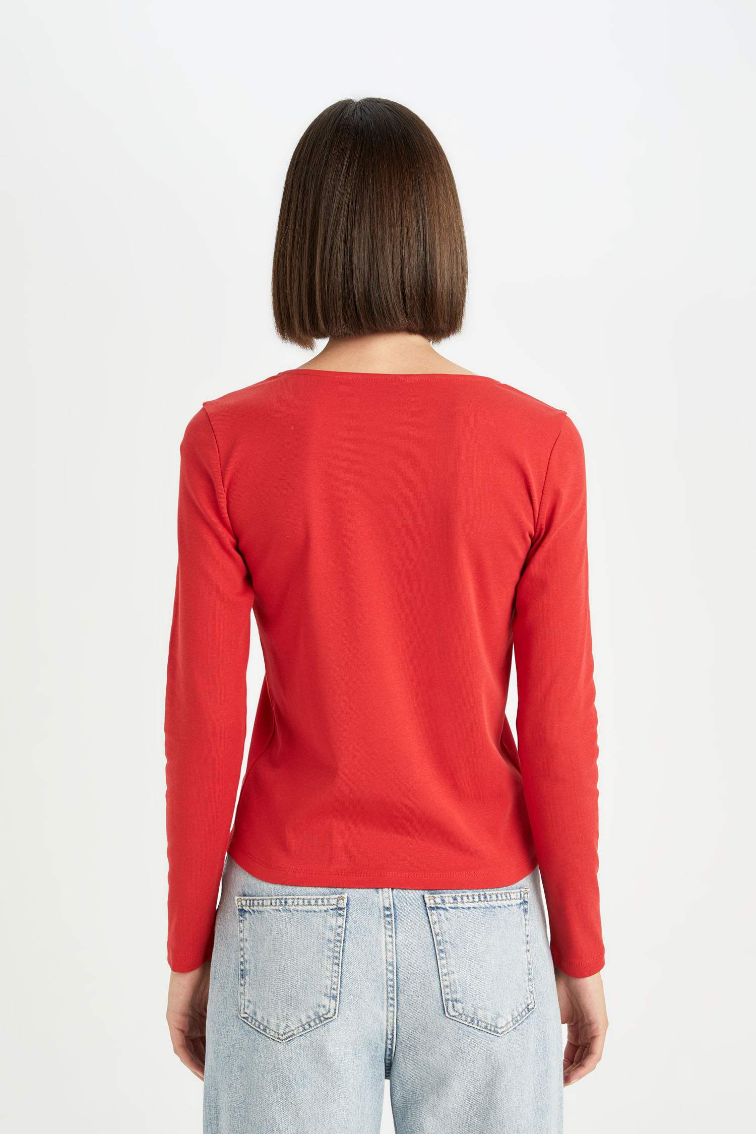 Regular Fit Kare Yaka Basic Düz Fitilli Kaşkorse Uzun Kollu Kırmızı Tişört