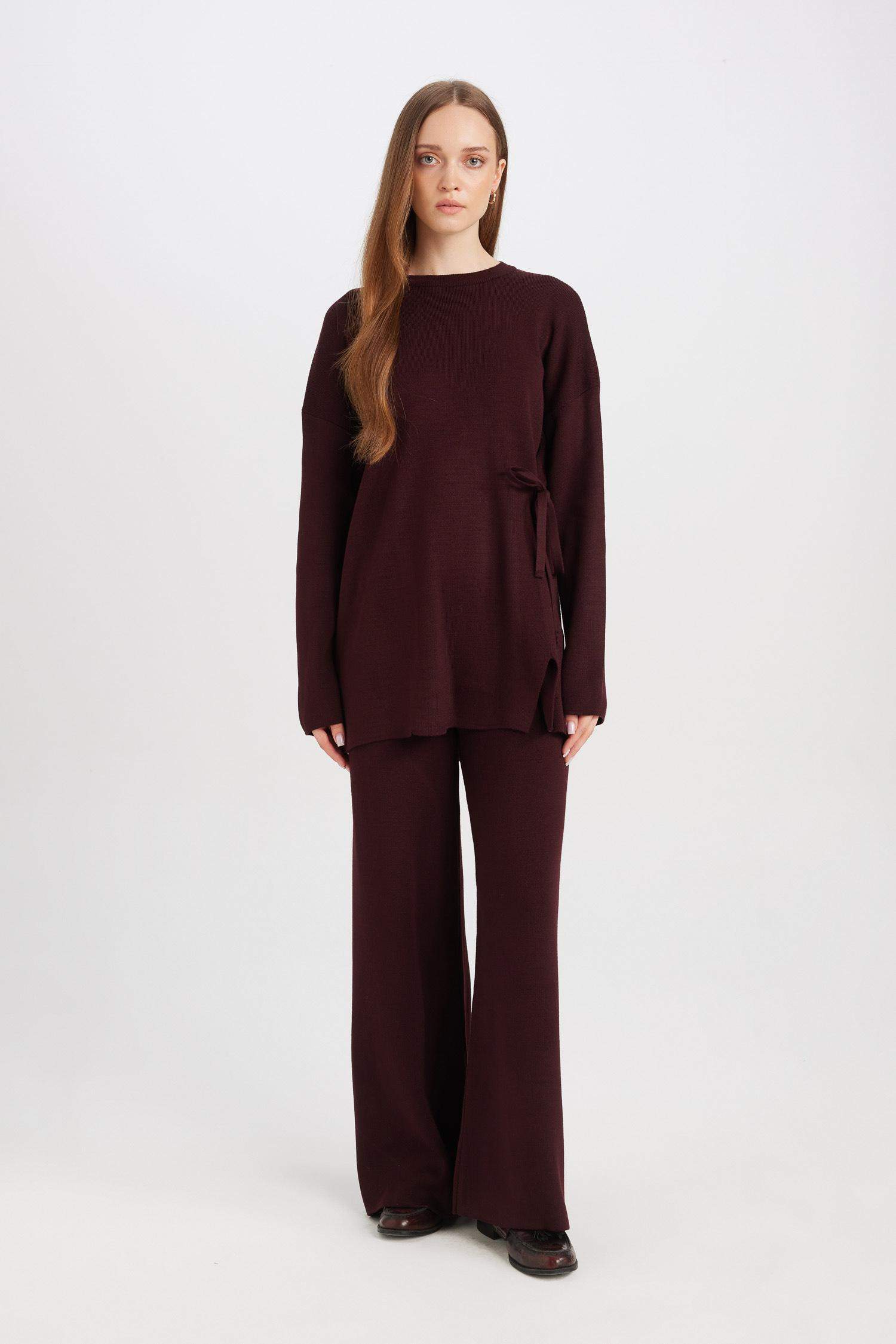 Regular Fit Bisiklet Yaka Bağlamalı Basic Düz Triko Kazak Tunik