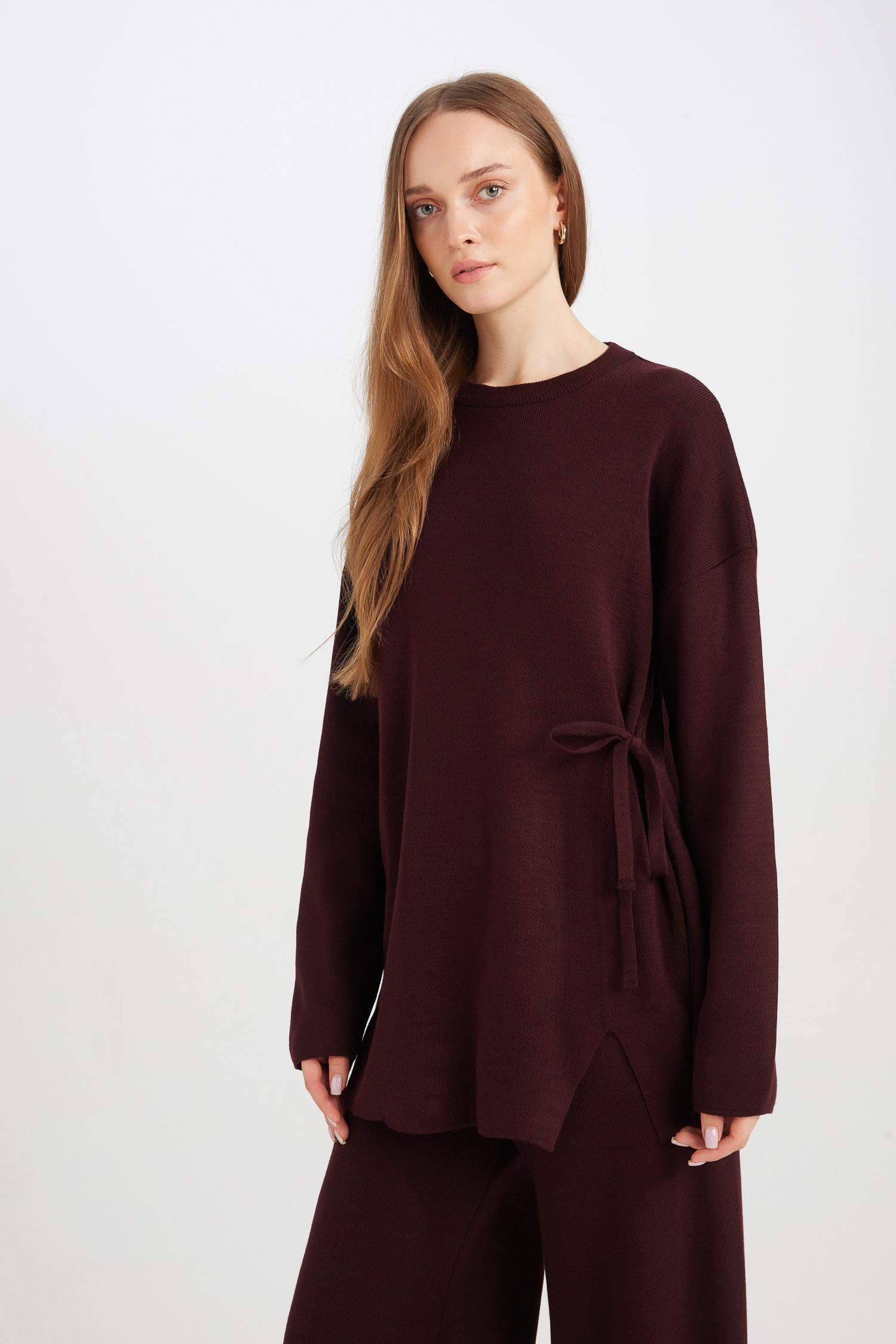 Regular Fit Bisiklet Yaka Bağlamalı Basic Düz Triko Kazak Tunik