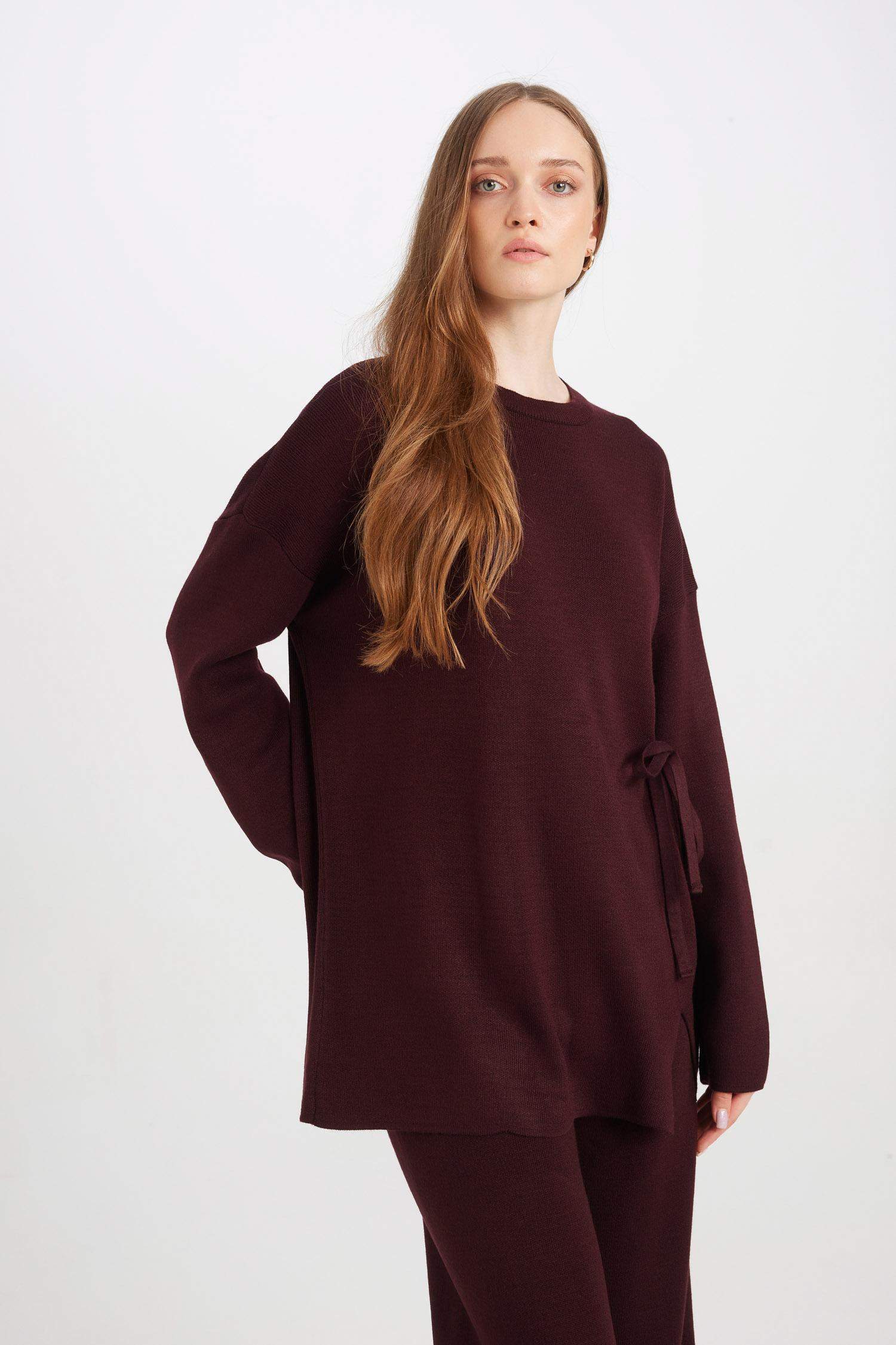 Regular Fit Bisiklet Yaka Bağlamalı Basic Düz Triko Kazak Tunik