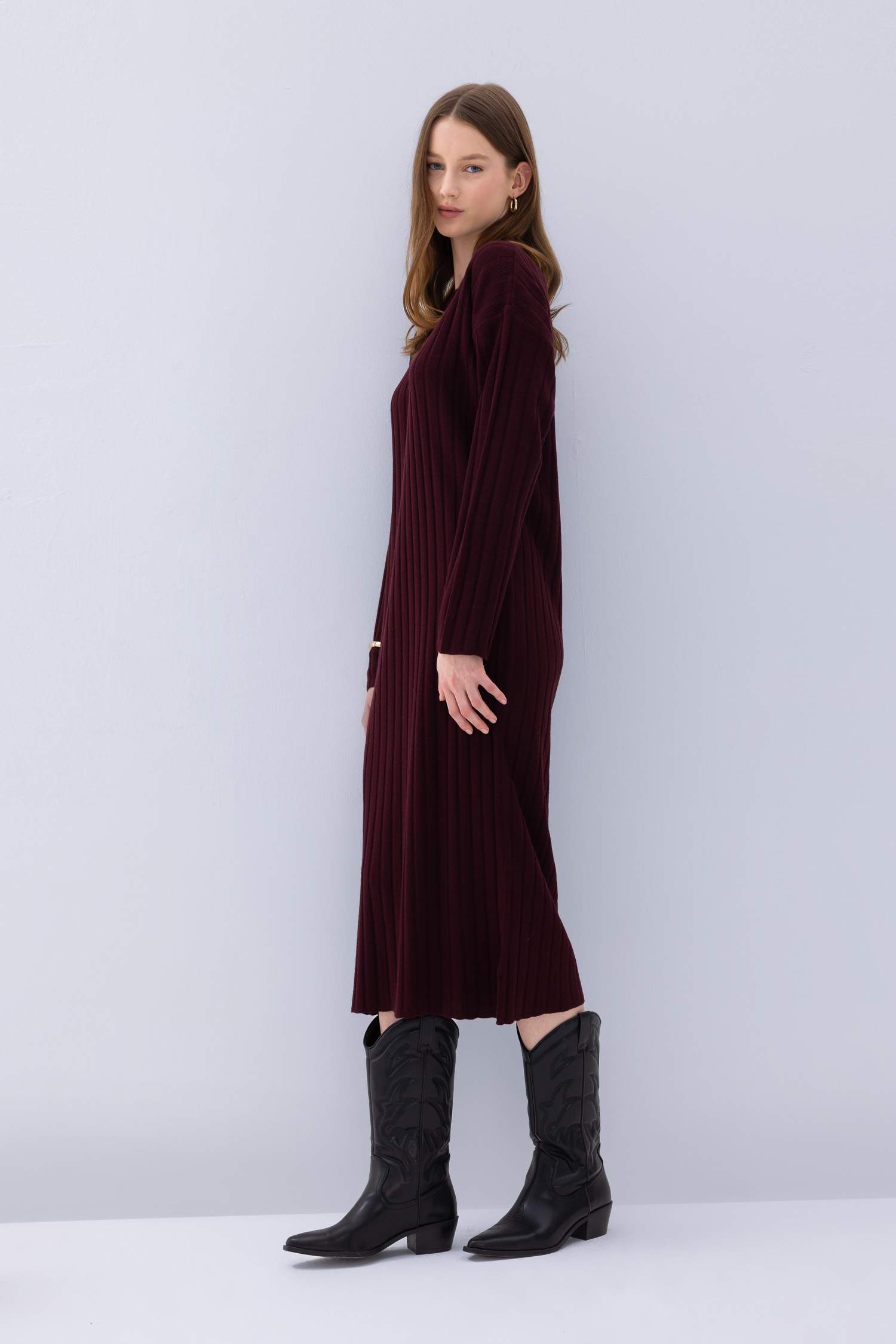 Regular Fit Bisiklet Yaka Basic Düz Uzun Kollu Triko Elbise