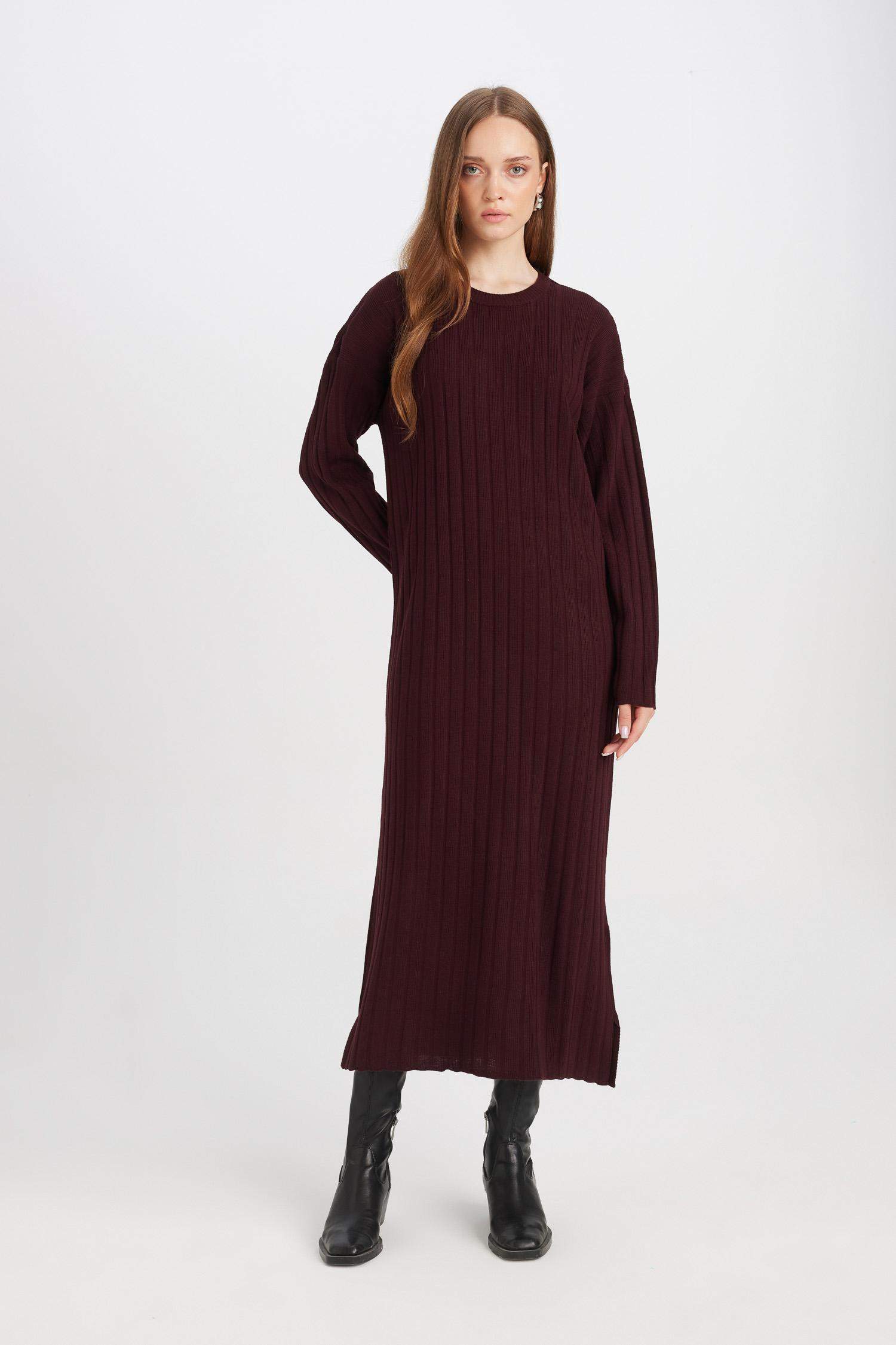 Regular Fit Bisiklet Yaka Basic Düz Uzun Kollu Triko Elbise