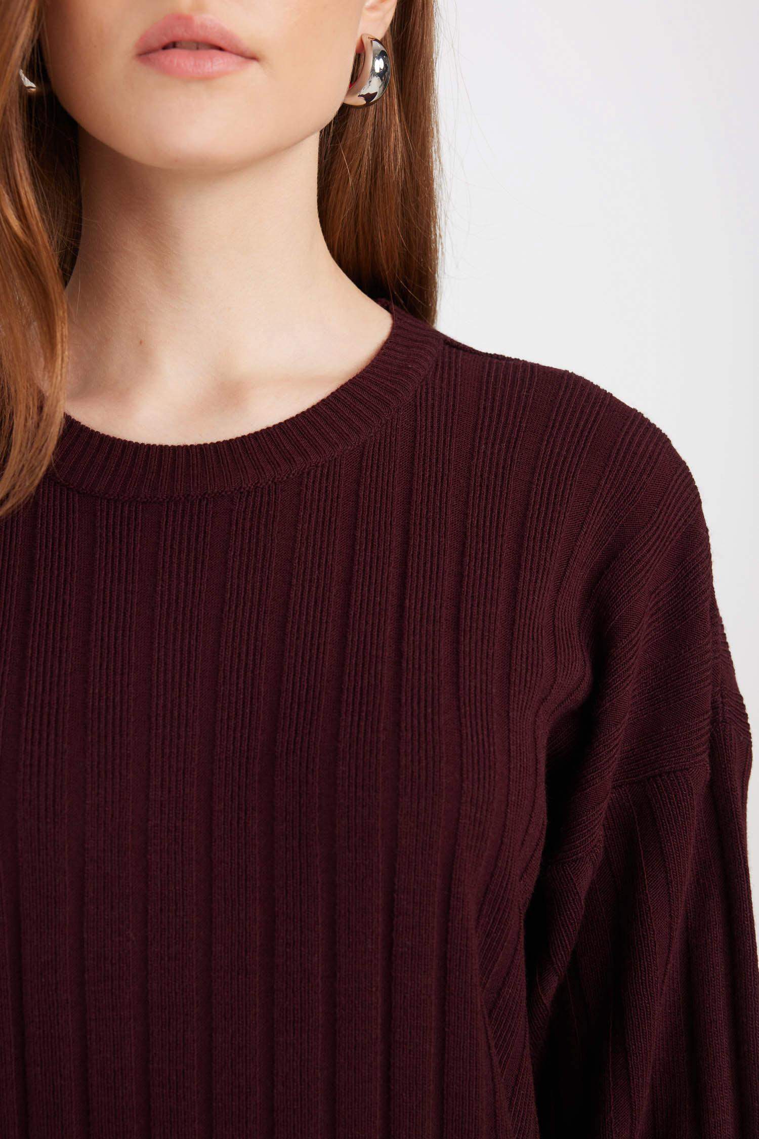 Regular Fit Bisiklet Yaka Basic Düz Uzun Kollu Triko Elbise