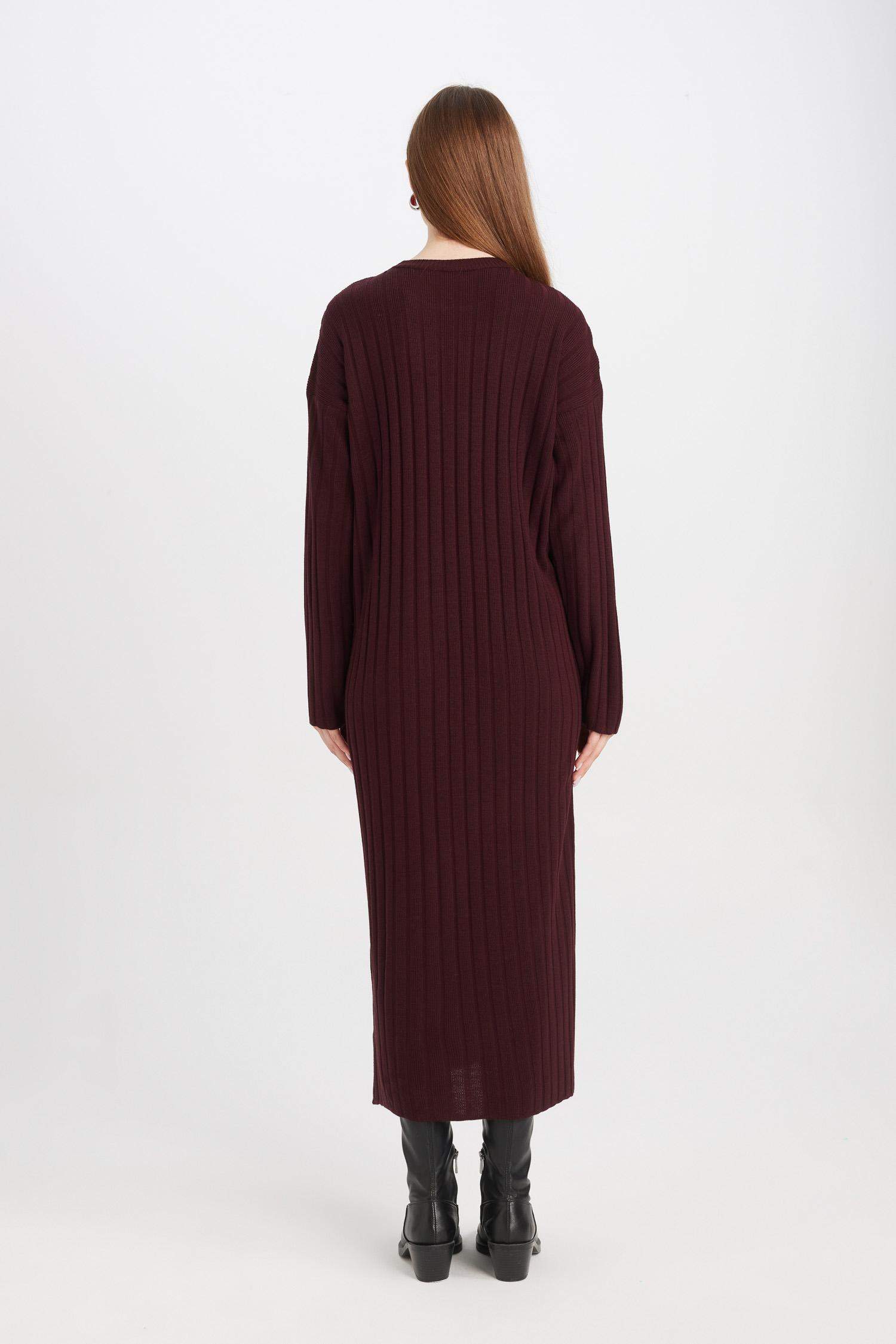 Regular Fit Bisiklet Yaka Basic Düz Uzun Kollu Triko Elbise