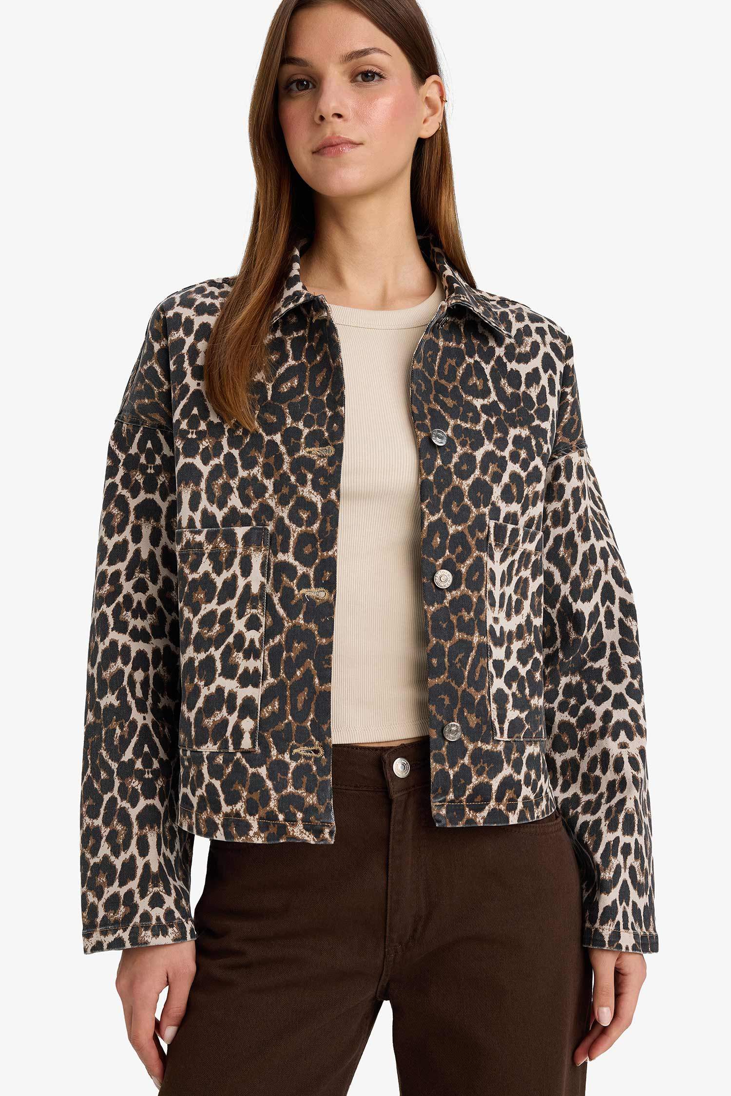 Oversize Geniş Kalıp Leopar Desenli Cepli Gabardin Uzun Kollu Ceket Gömlek