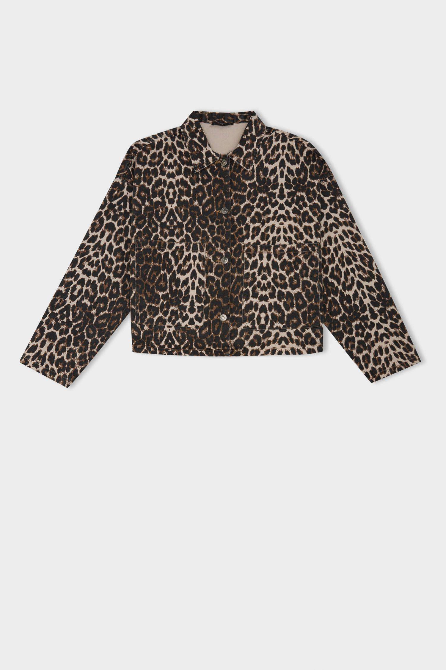 Oversize Geniş Kalıp Leopar Desenli Cepli Gabardin Uzun Kollu Ceket Gömlek