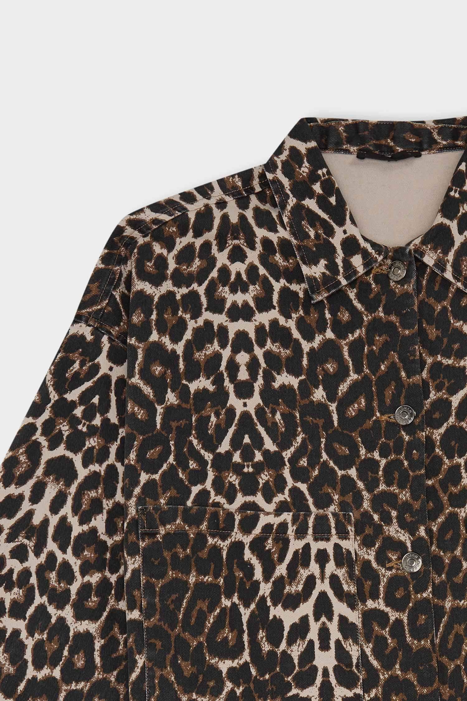 Oversize Geniş Kalıp Leopar Desenli Cepli Gabardin Uzun Kollu Ceket Gömlek