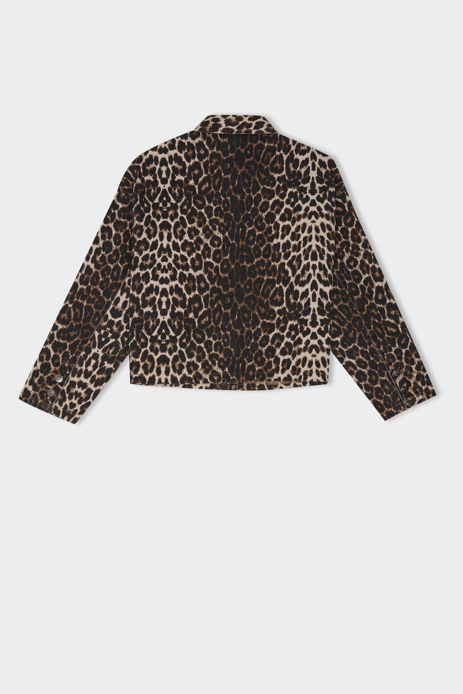 Oversize Geniş Kalıp Leopar Desenli Cepli Gabardin Uzun Kollu Ceket Gömlek