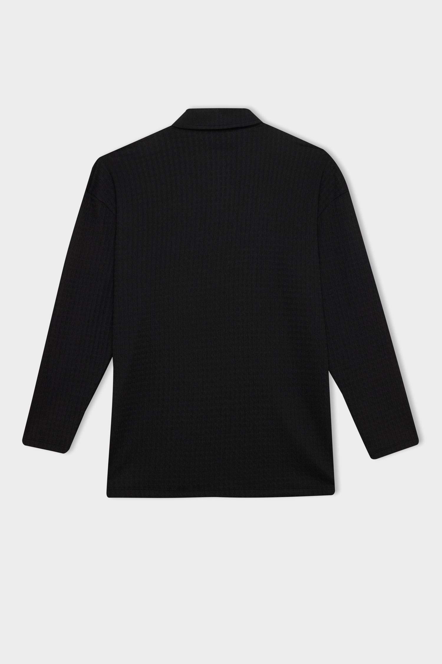 تيشيرت كم طويل القماش المنسوج قصة مريحة برقبة بولو