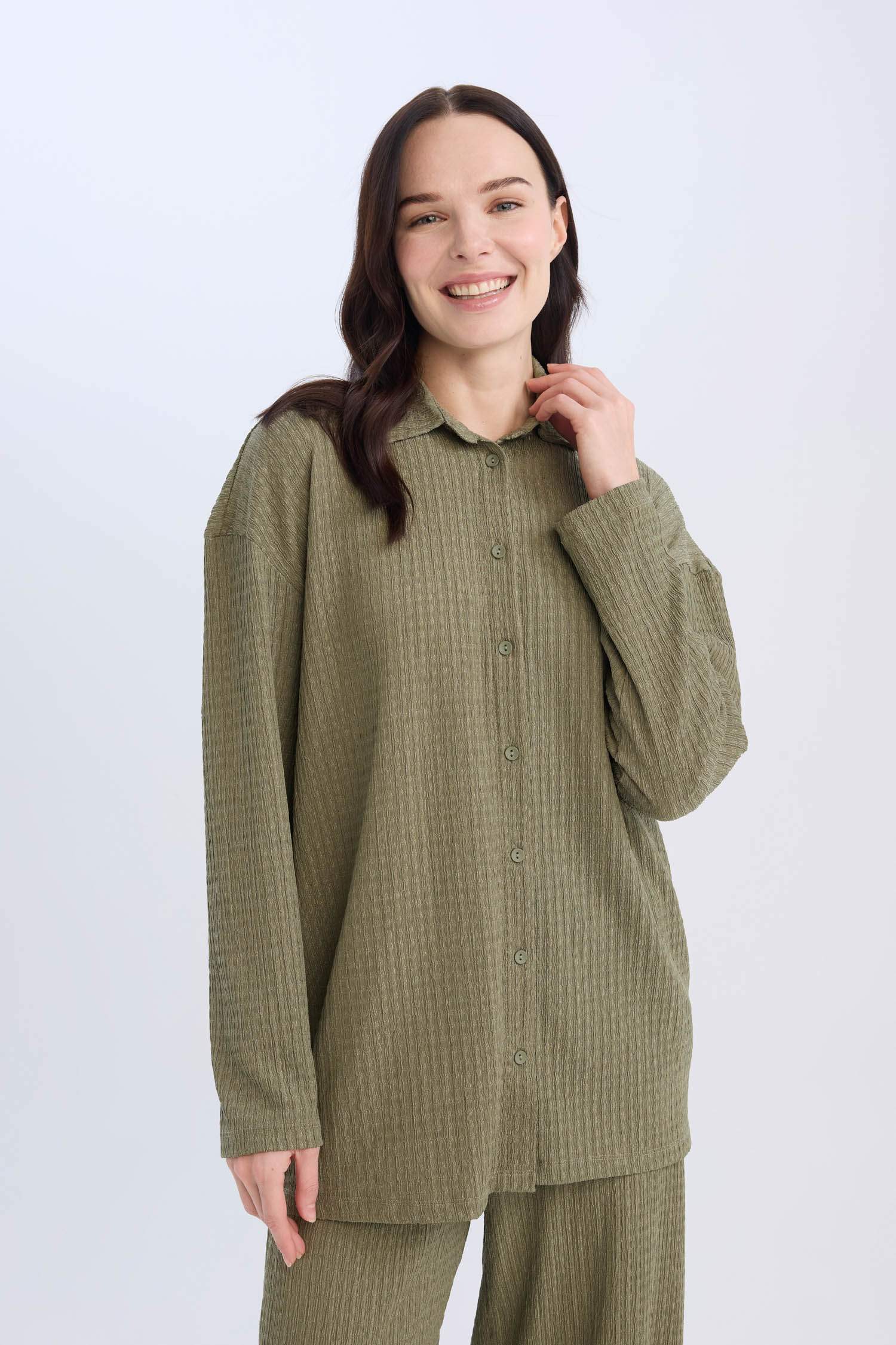 Haki Relax Fit Gömlek Yaka Bürümcük Uzun Kollu Gömlek