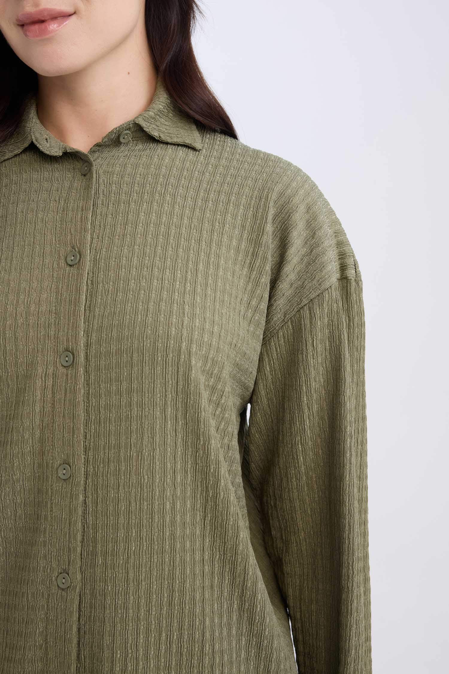 Haki Relax Fit Gömlek Yaka Bürümcük Uzun Kollu Gömlek