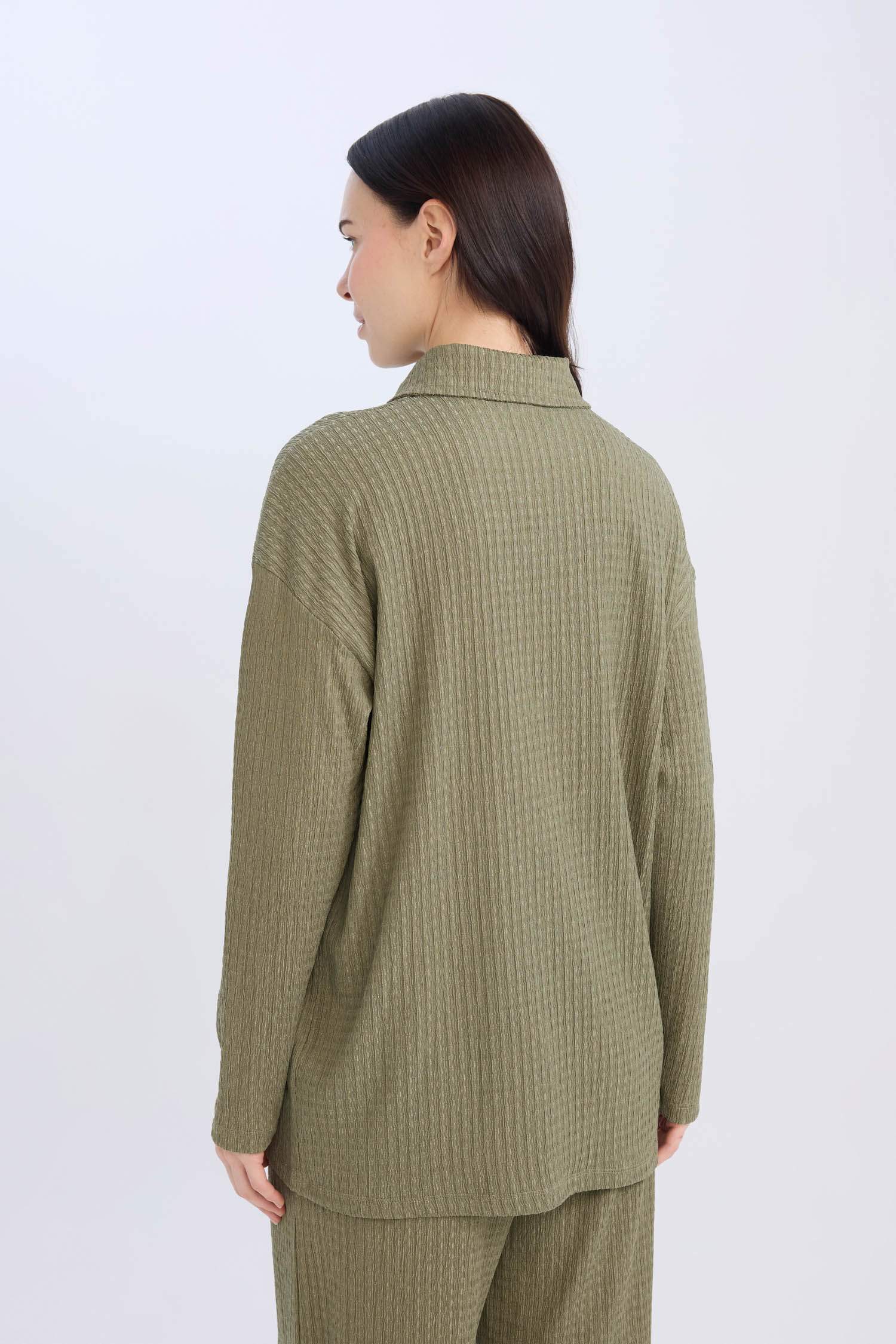 Haki Relax Fit Gömlek Yaka Bürümcük Uzun Kollu Gömlek