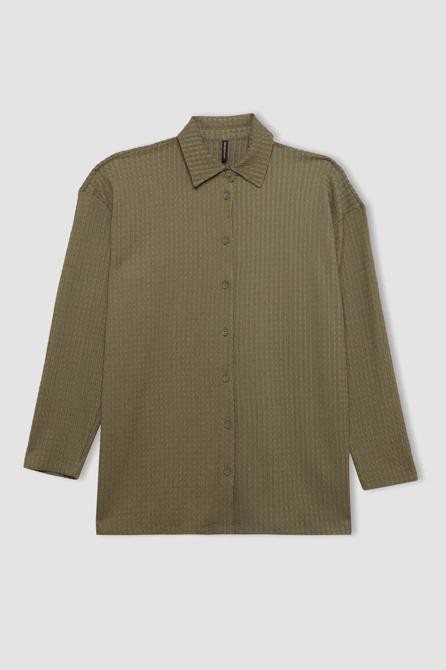 Haki Relax Fit Gömlek Yaka Bürümcük Uzun Kollu Gömlek