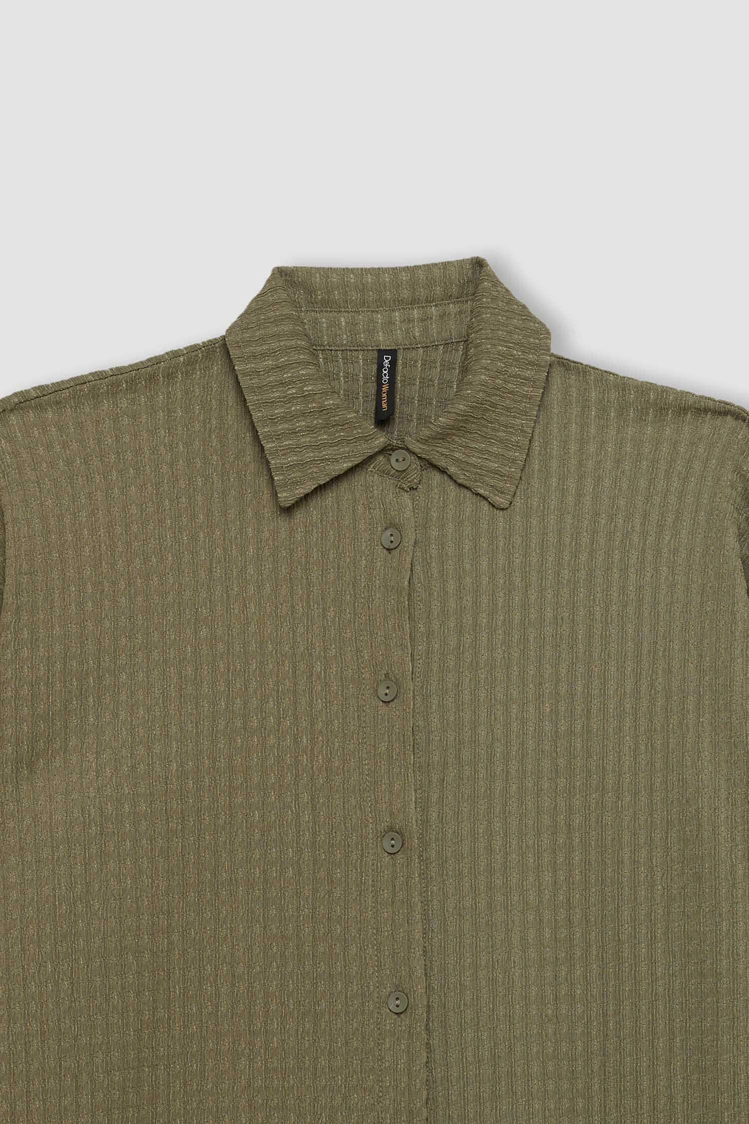 Haki Relax Fit Gömlek Yaka Bürümcük Uzun Kollu Gömlek