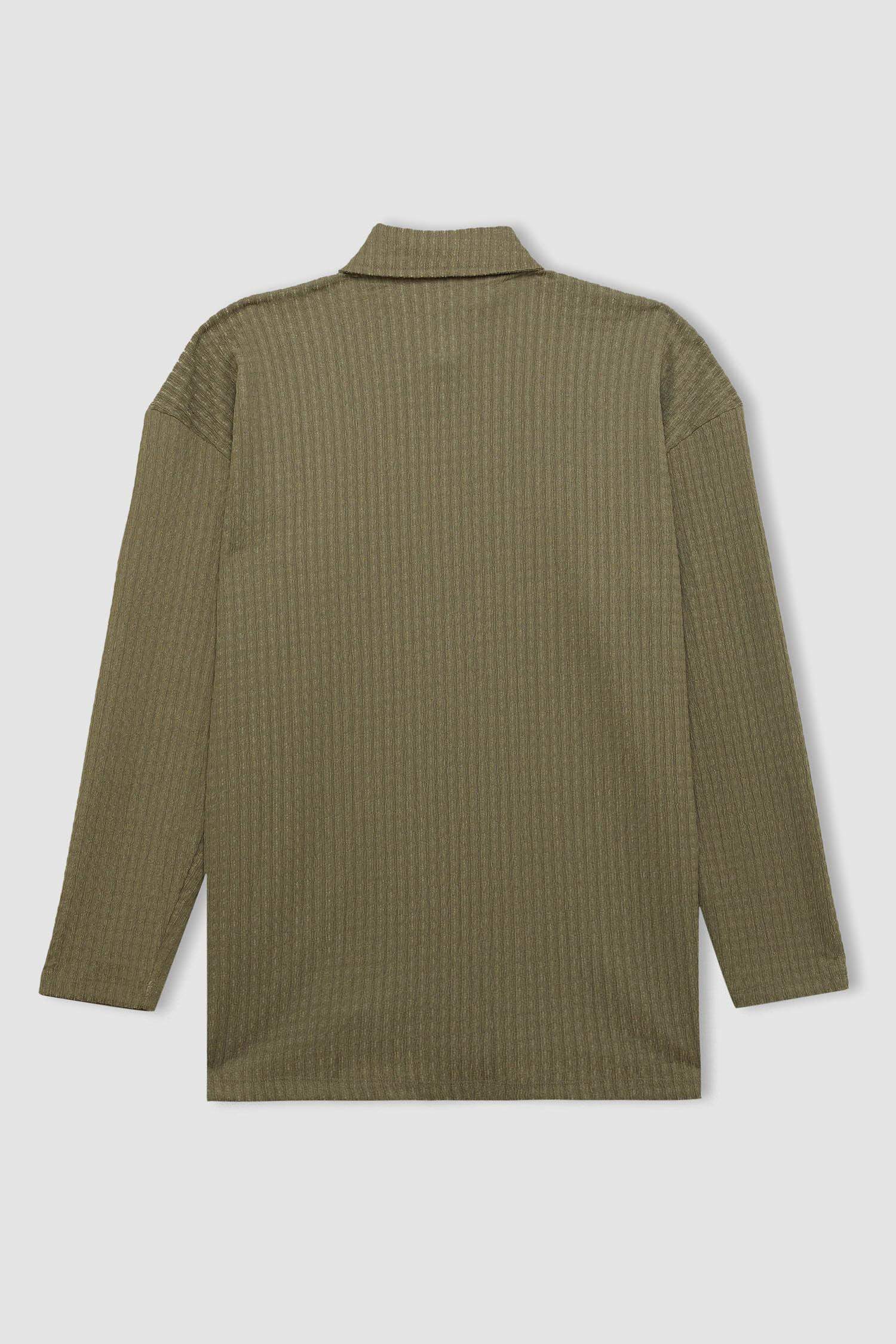 Haki Relax Fit Gömlek Yaka Bürümcük Uzun Kollu Gömlek