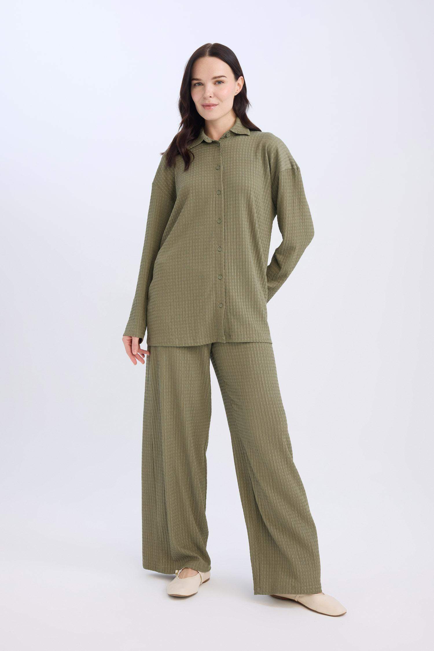 Bürümcük Pantolon Straight Fit Beli Lastikli Basic Düz Geniş Bol Paça