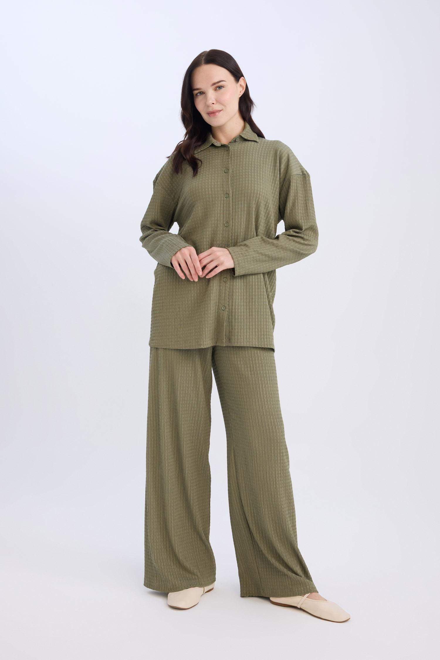 Bürümcük Pantolon Straight Fit Beli Lastikli Basic Düz Geniş Bol Paça