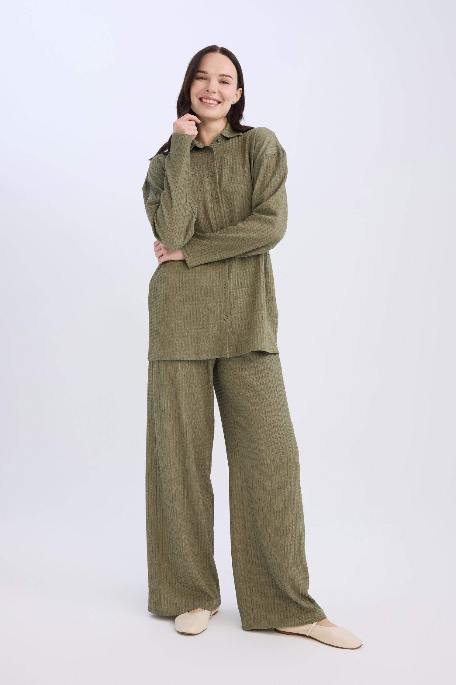 Bürümcük Pantolon Straight Fit Beli Lastikli Basic Düz Geniş Bol Paça