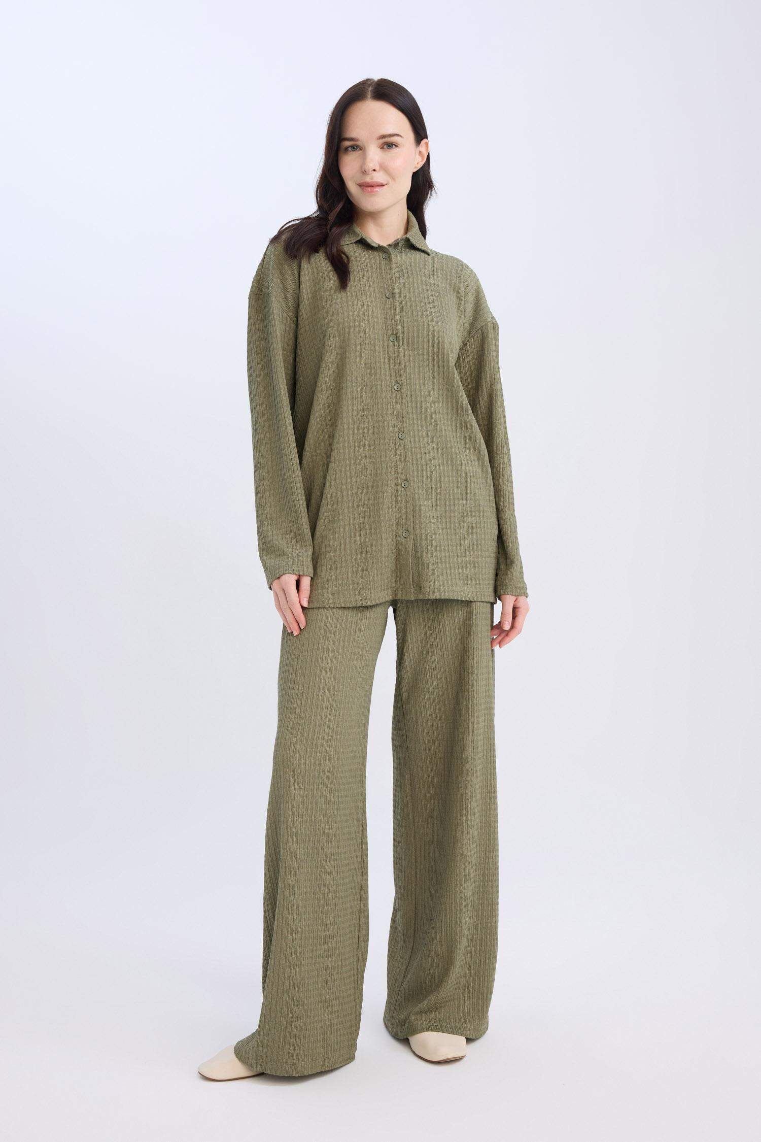 Bürümcük Pantolon Straight Fit Beli Lastikli Basic Düz Geniş Bol Paça