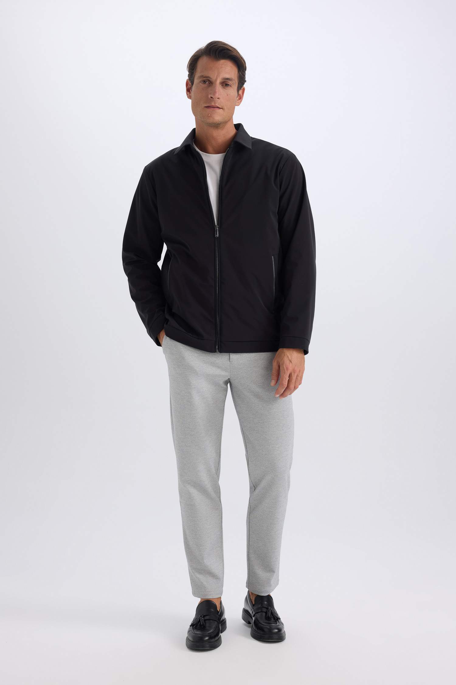 Slim Fit Dar Kesim Polo Yaka Astarlı Fermuarlı Mont