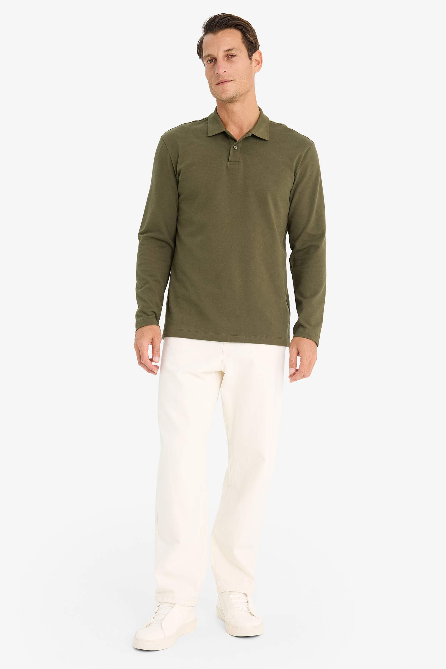 %100 Pamuk New Regular Fit Polo Yaka Basic Düz Uzun Kollu Dokulu Pike Tişört