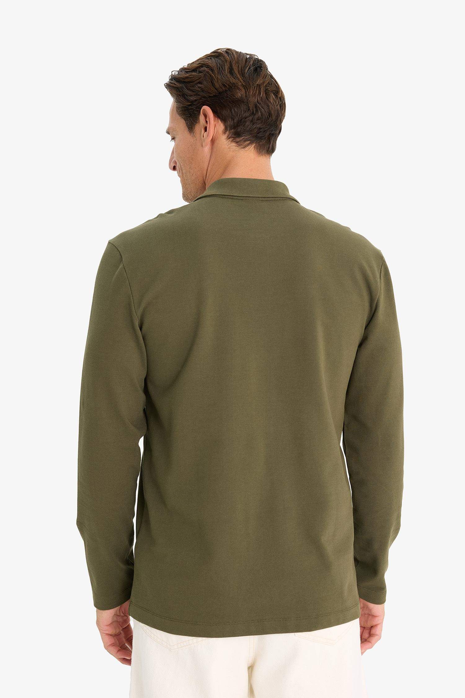 %100 Pamuk New Regular Fit Polo Yaka Basic Düz Uzun Kollu Dokulu Pike Tişört