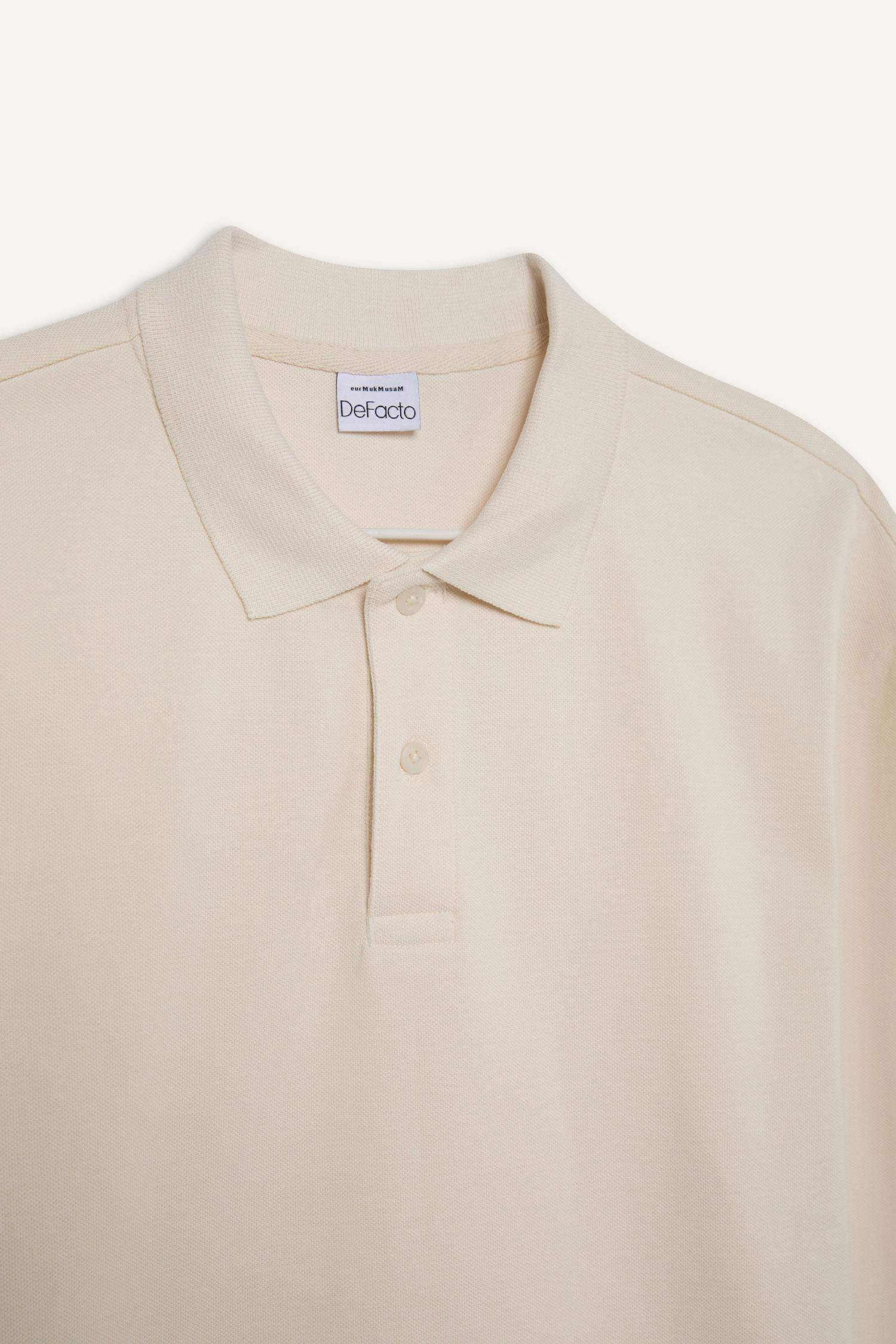 %100 Pamuk New Regular Fit Polo Yaka Basic Düz Uzun Kollu Dokulu Pike Tişört