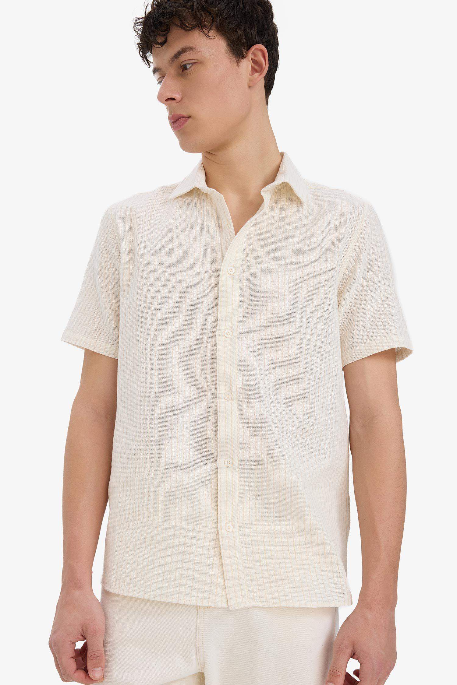 %100 Pamuk Regular Fit Polo Yaka Keten Görünümlü Yazlık Kısa Kollu Gömlek