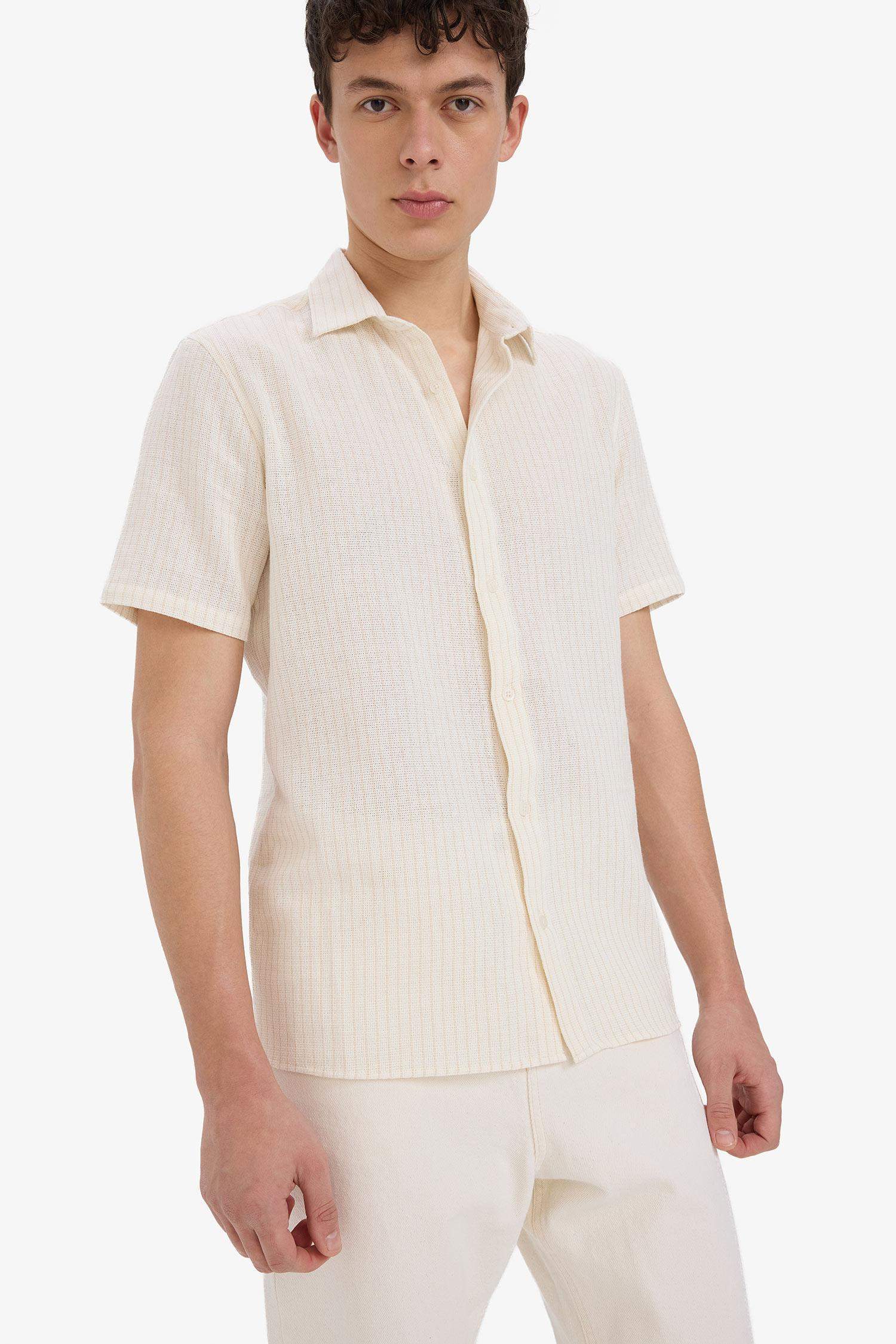 %100 Pamuk Regular Fit Polo Yaka Keten Görünümlü Yazlık Kısa Kollu Gömlek