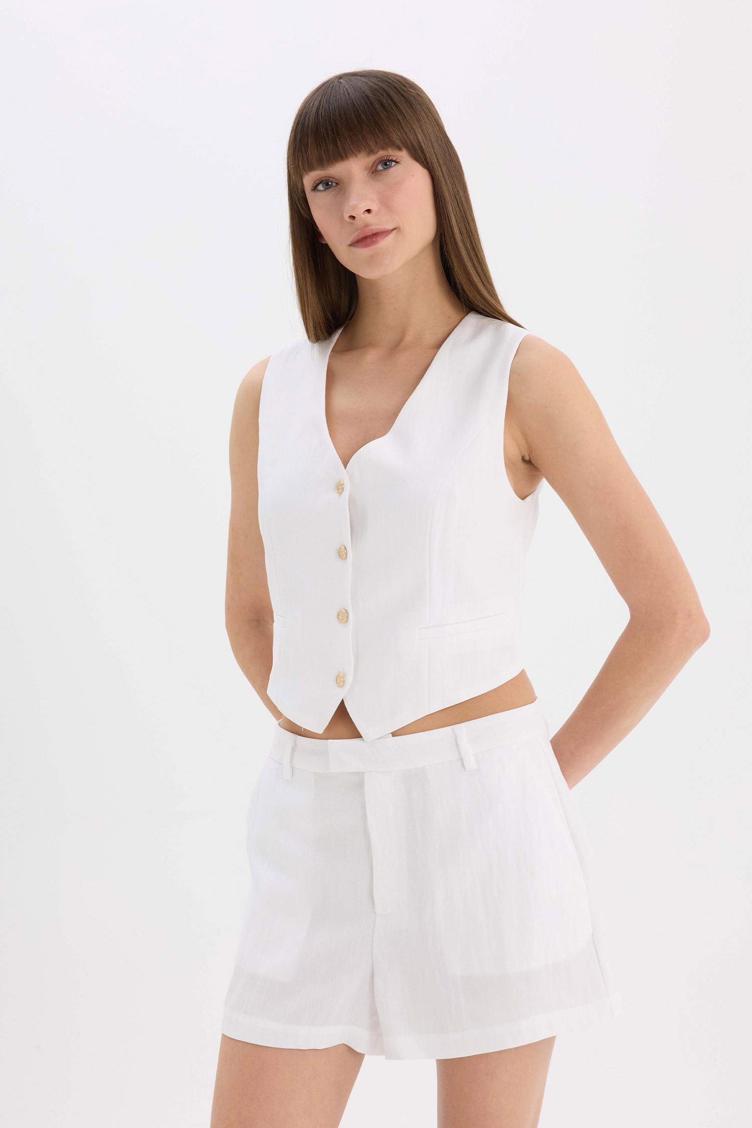 Slim Fit V-Neck Linen Blended Vest