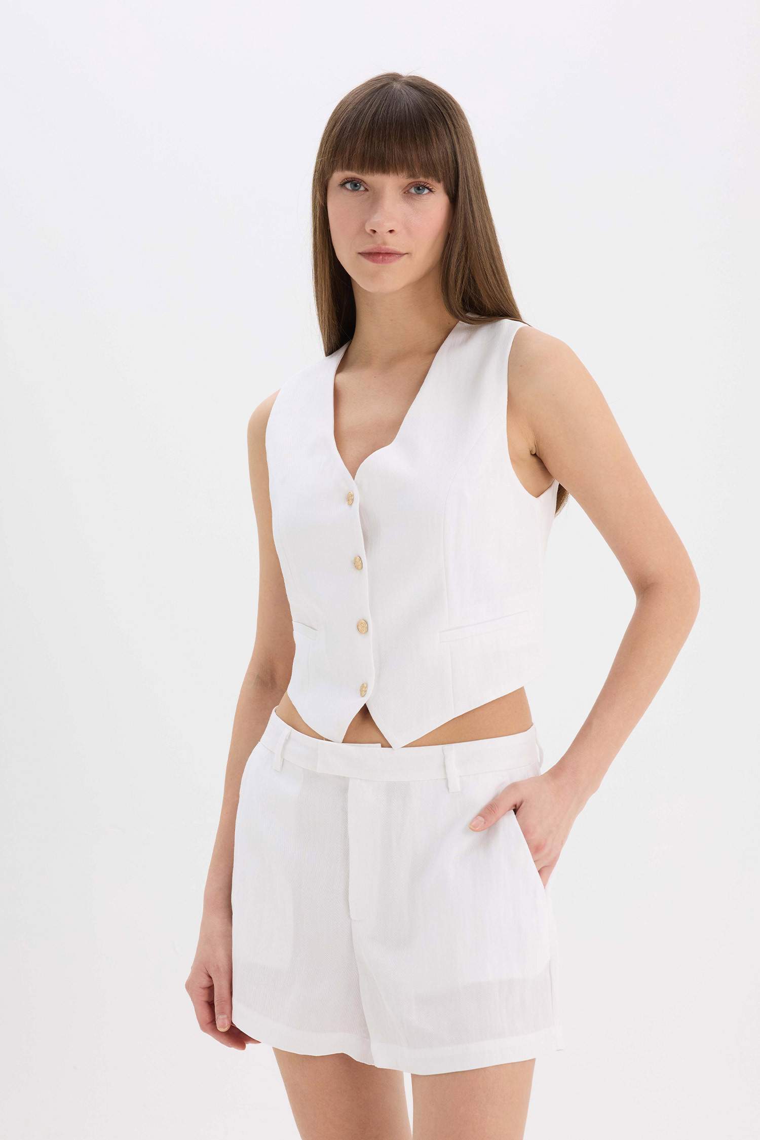 Slim Fit V-Neck Linen Blended Vest