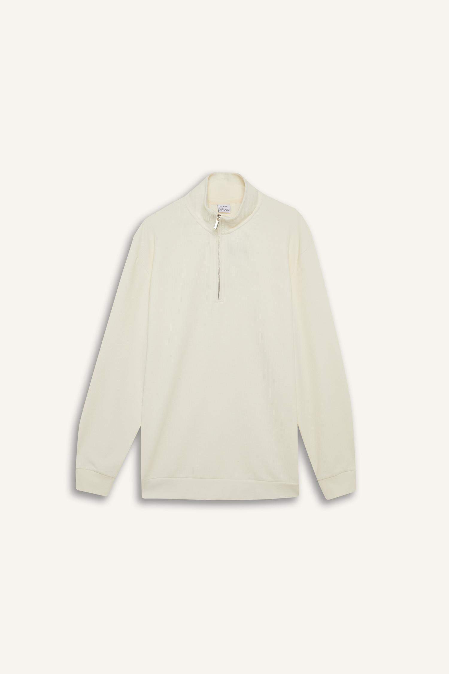 Comfort Fit Dik Yaka Dokulu Yarım Fermuarlı Waffle Sweatshirt