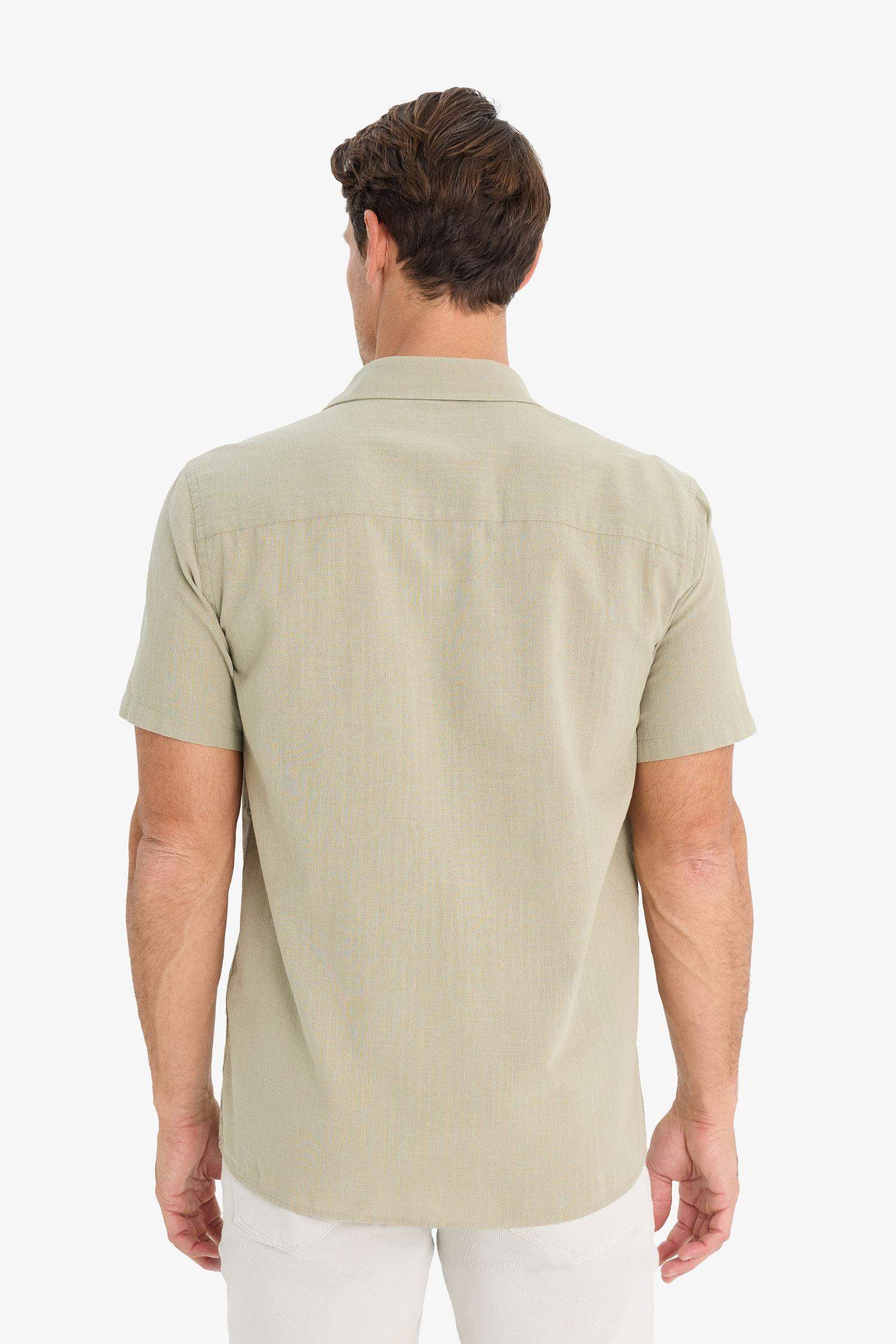 %100 Pamuk Regular Fit Yazlık Polo Yaka Keten Görünümlü Kısa Kollu Gömlek