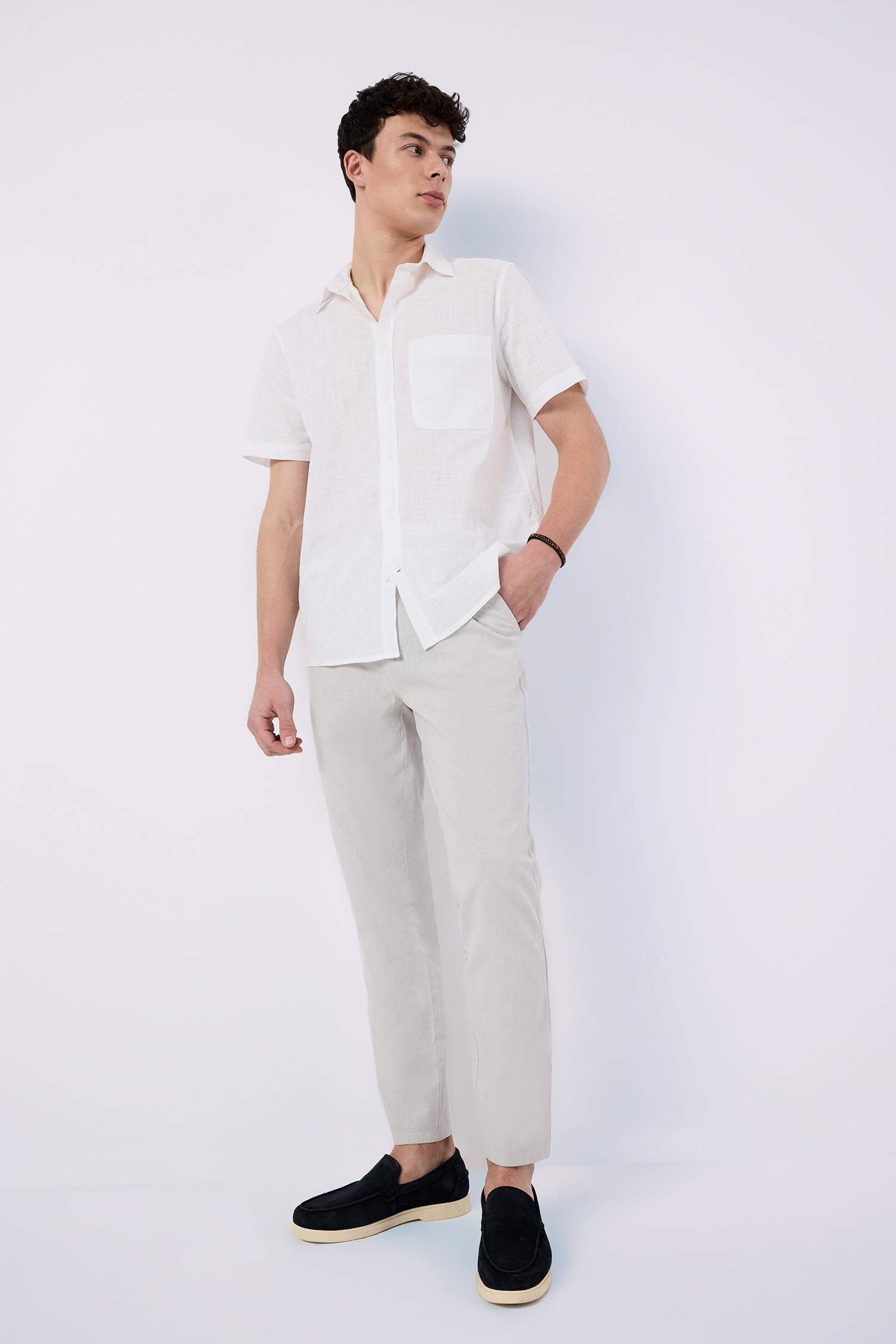 %100 Pamuk Regular Fit Yazlık Polo Yaka Keten Görünümlü Kısa Kollu Beyaz Gömlek