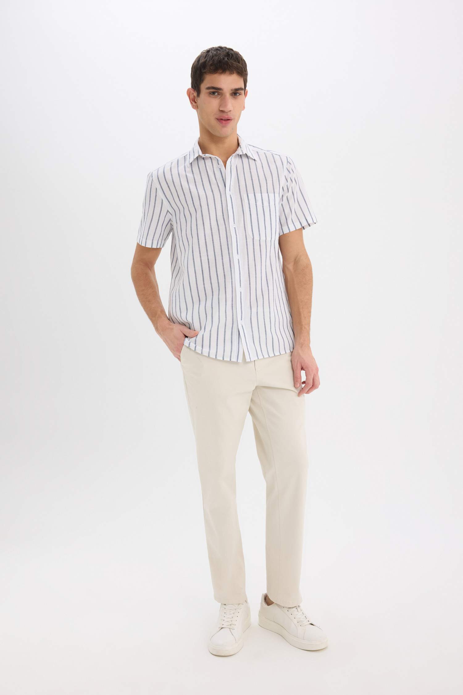 قميص قطن بولو مخطط نص كم صيفي قصة عادية