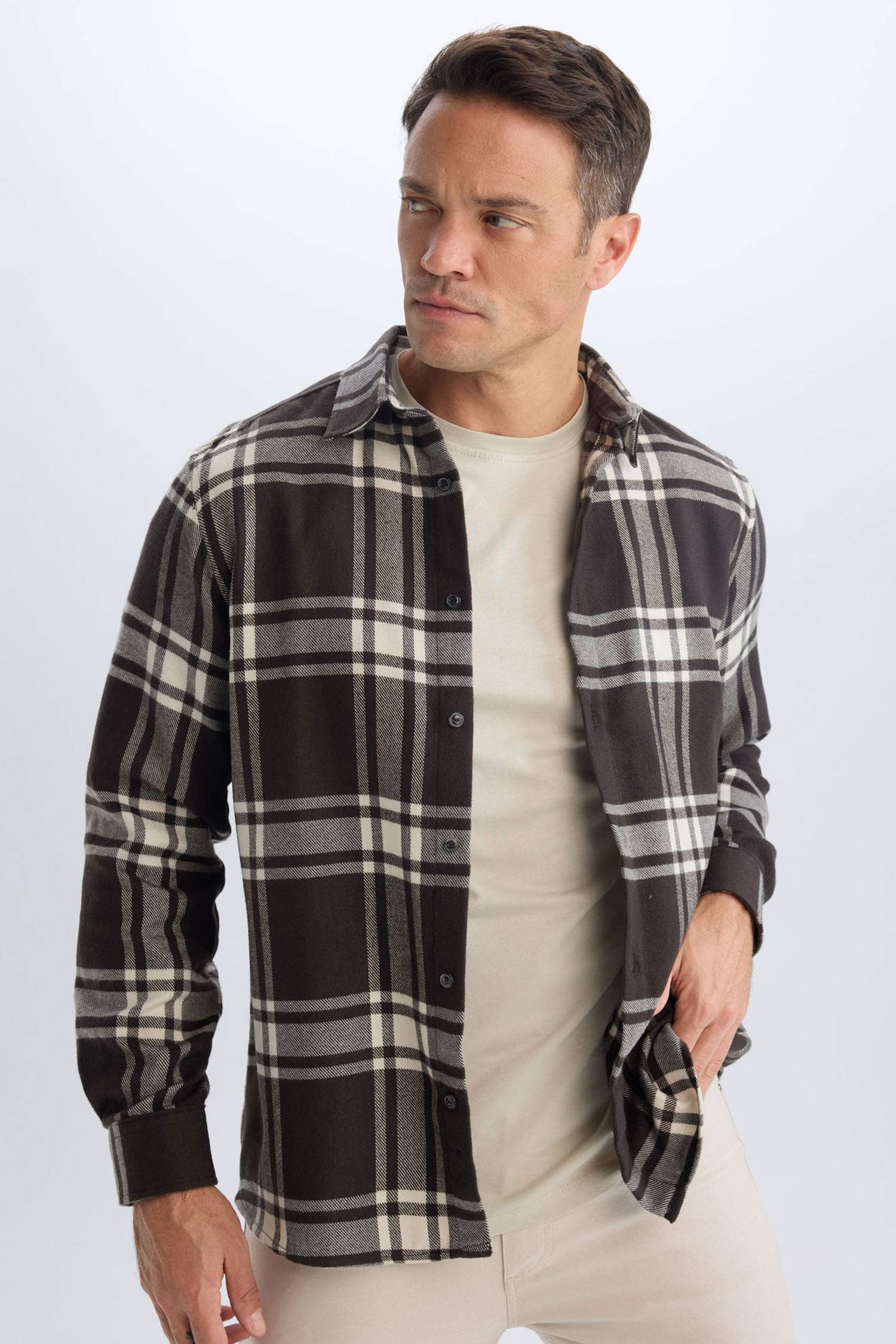 Regular Fit Polo Yaka Kareli Pamuklu Uzun Kollu Gömlek